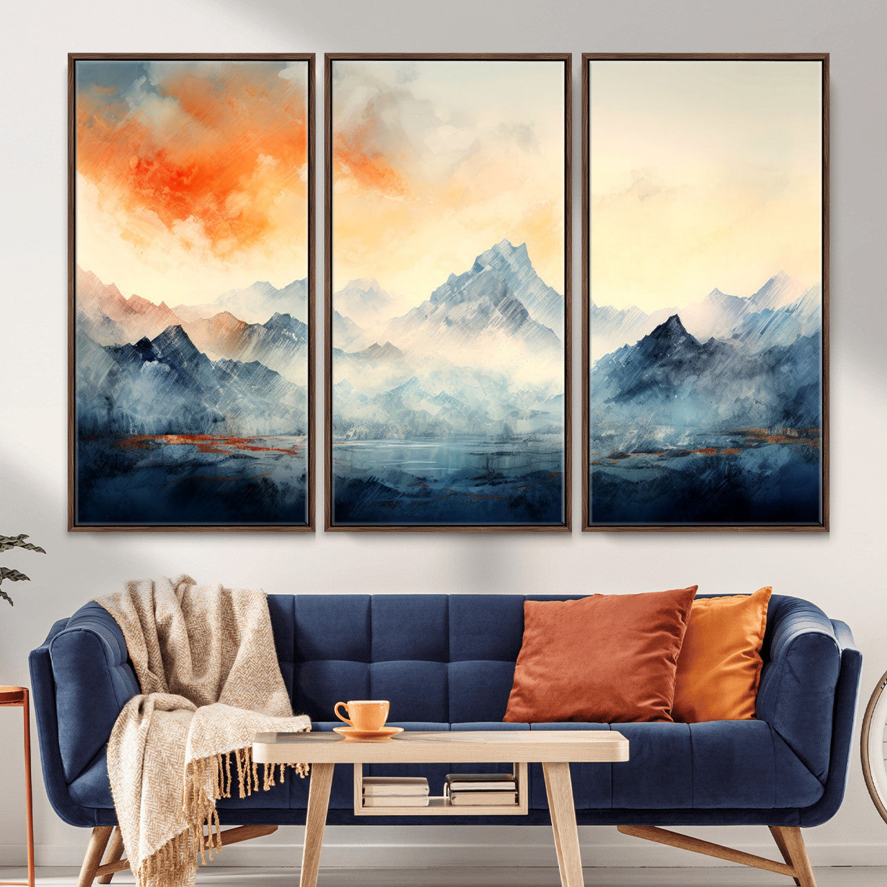 WRM1005-MGV-FC-48X32-3P - Warm Clouds Abstract Mountain Wall Art, Modern Landscape Canvas Print, Minimal Framed Artwork for Home, Office