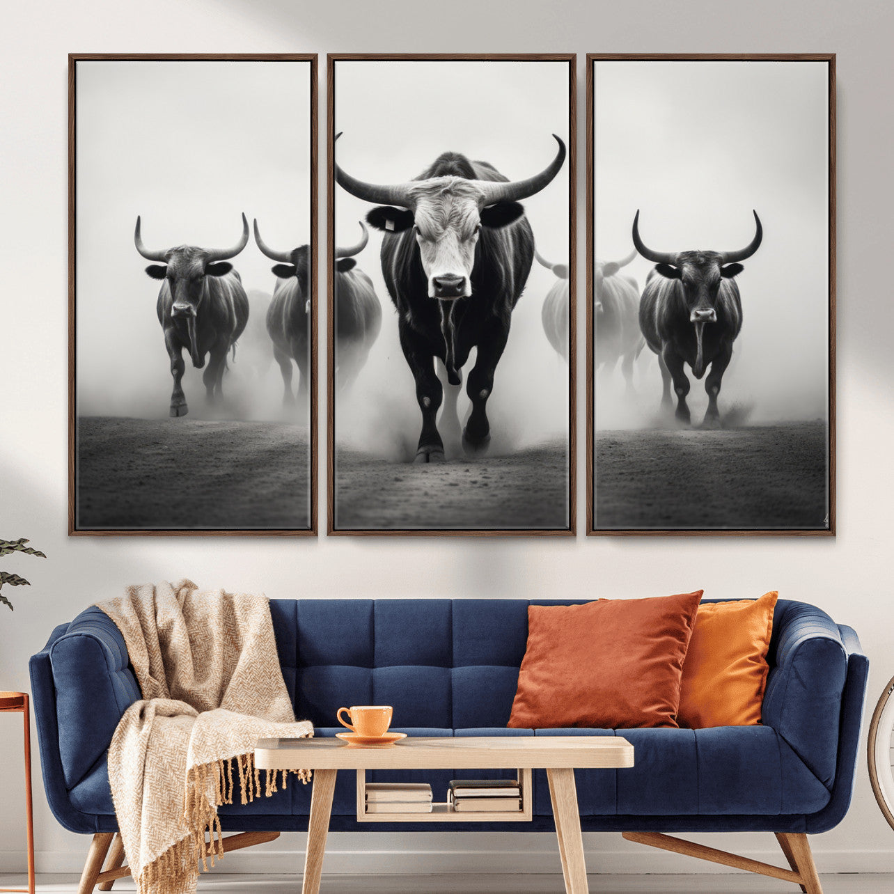 N34534C-MGV-FC-48X32-3P - Texas Bighorn Cow Hern Wall Art Canvas Print, Longhorn Cow Large Wall Art