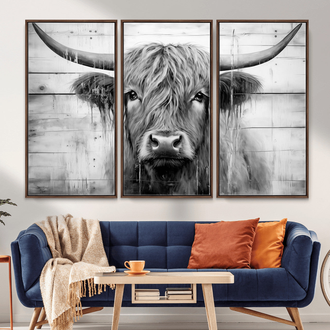 1001HASAN27-MGV-FC-48X32-3P - Black White Highland Cow Wall Art Canvas Print