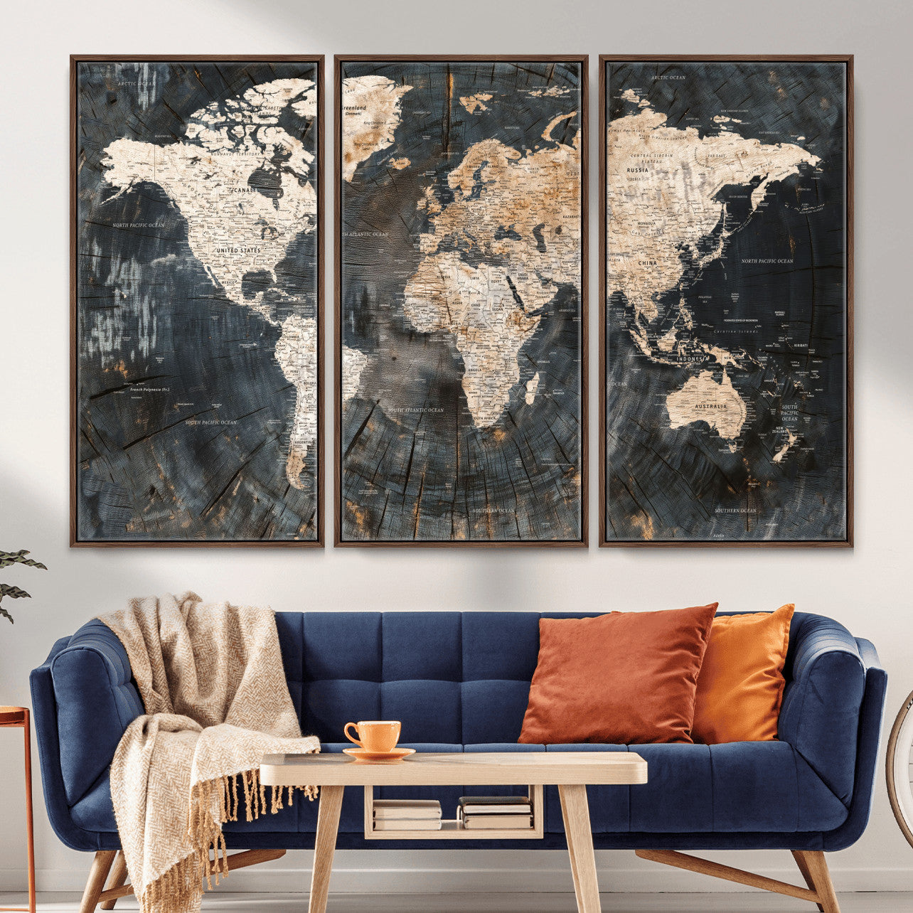 57626704-MGV-FC-48X32-3P - World Map Wall Art Canvas Print, Modern Decorative Framed Map Artwork Prints for Living Room, Office, Bedroom Wall Decor