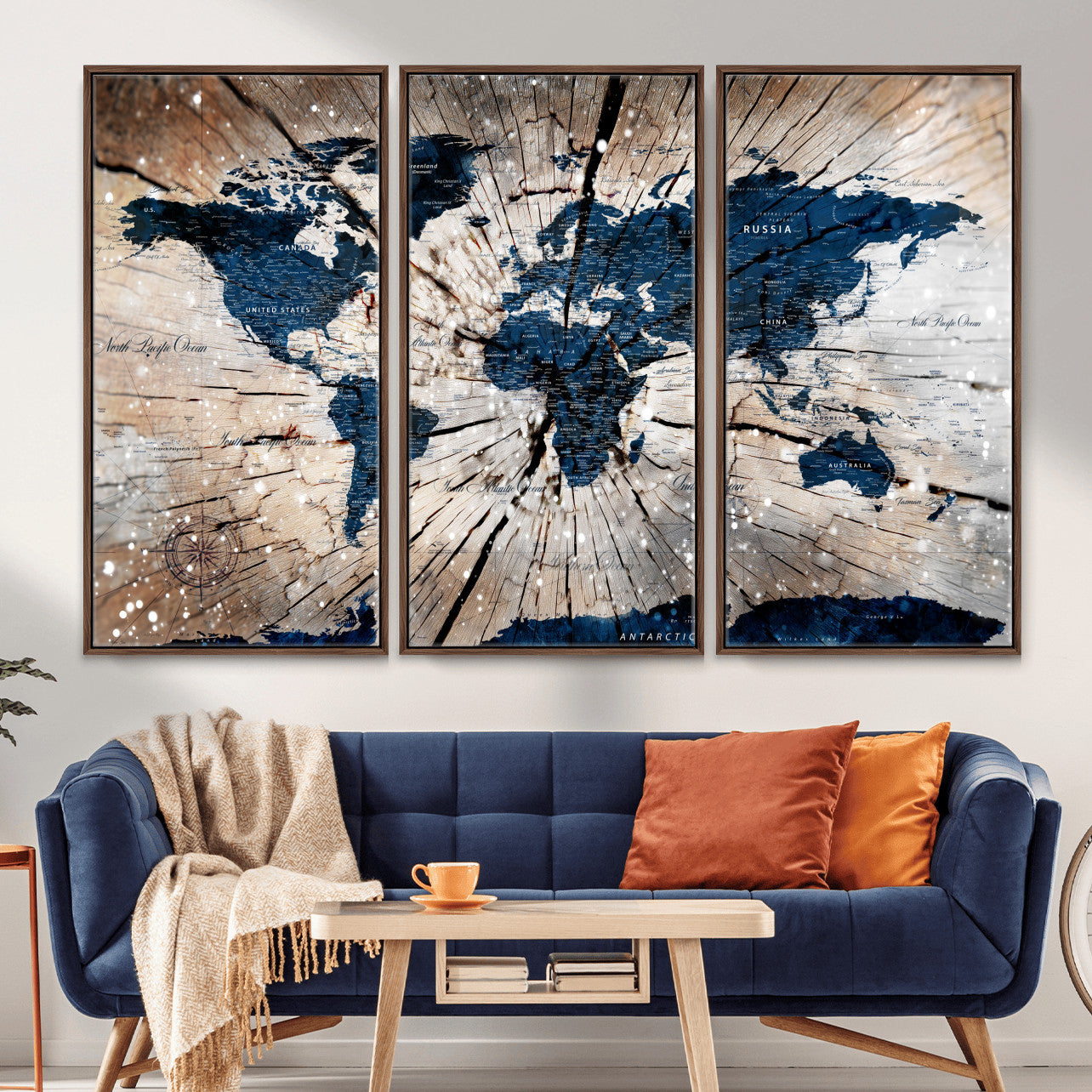 99001695-MGV-FC-48X32-3P - World Map Wall Art Canvas Print, Modern Decorative Framed Map Artwork Prints for Living Room, Office, Bedroom Wall Decor