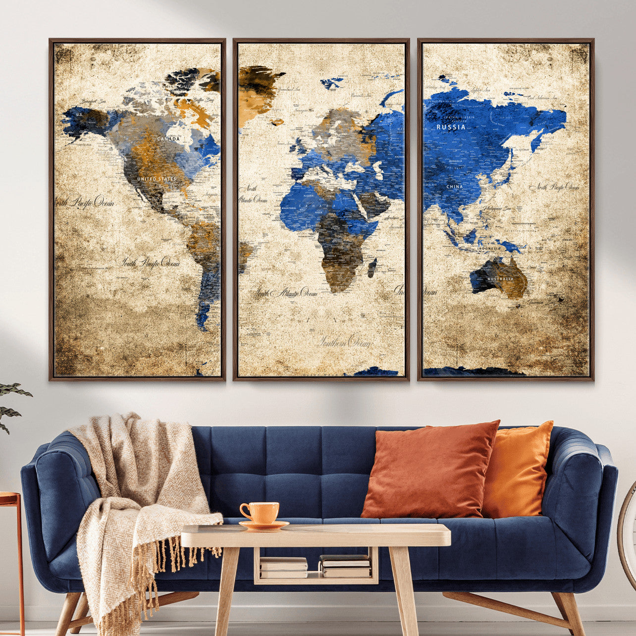 13564339-MGV-FC-48X32-3P - World Map Wall Art Canvas Print, Modern Decorative Framed Map Artwork Prints for Living Room, Office, Bedroom Wall Decor