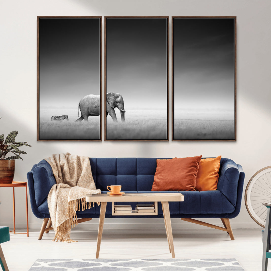 Elephant and Zebra Wall Art Canvas Print, Modern Artwork