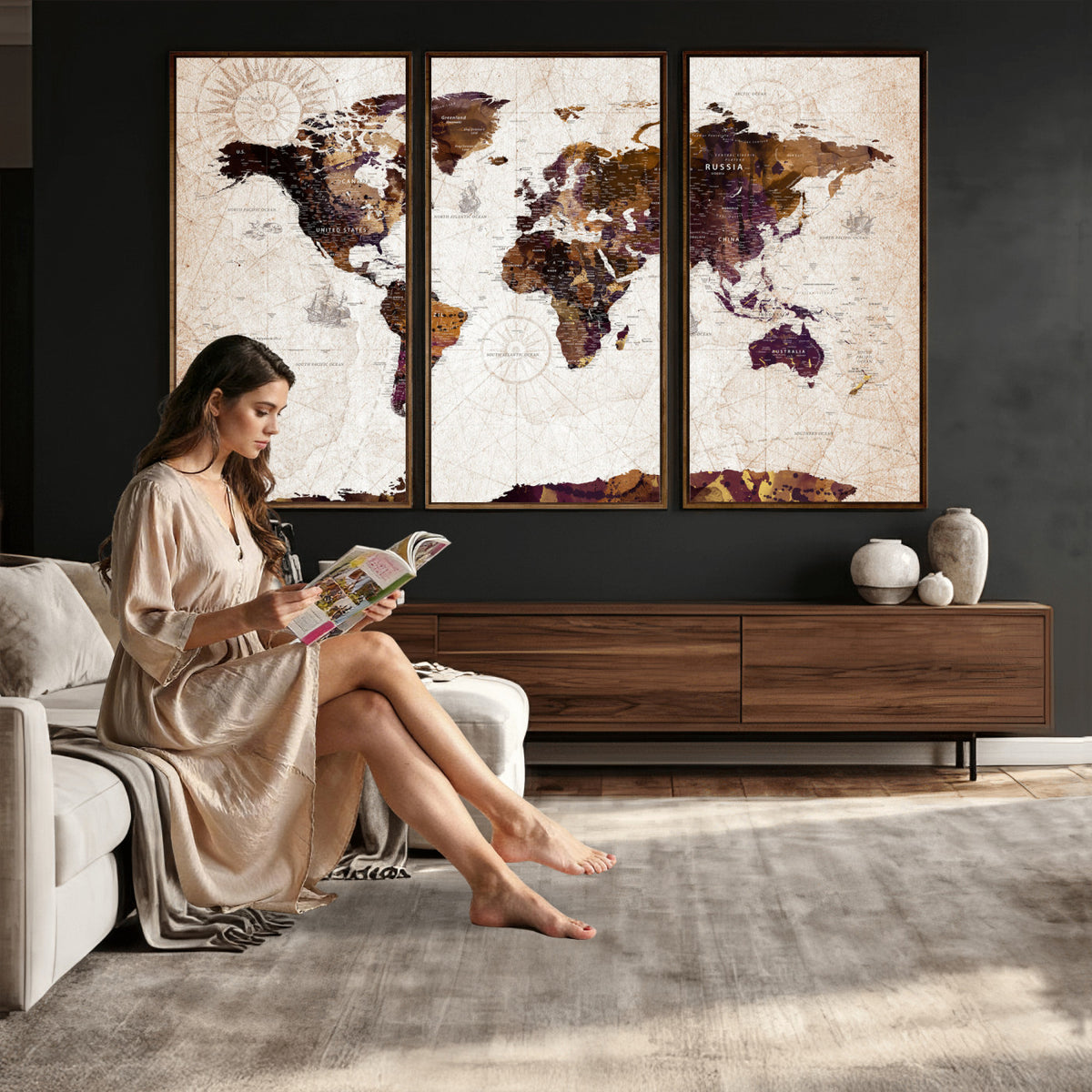 53400857-MGV-CV-36X24 - Blue Watercolor World Map Canvas Print – Framed Modern Wall