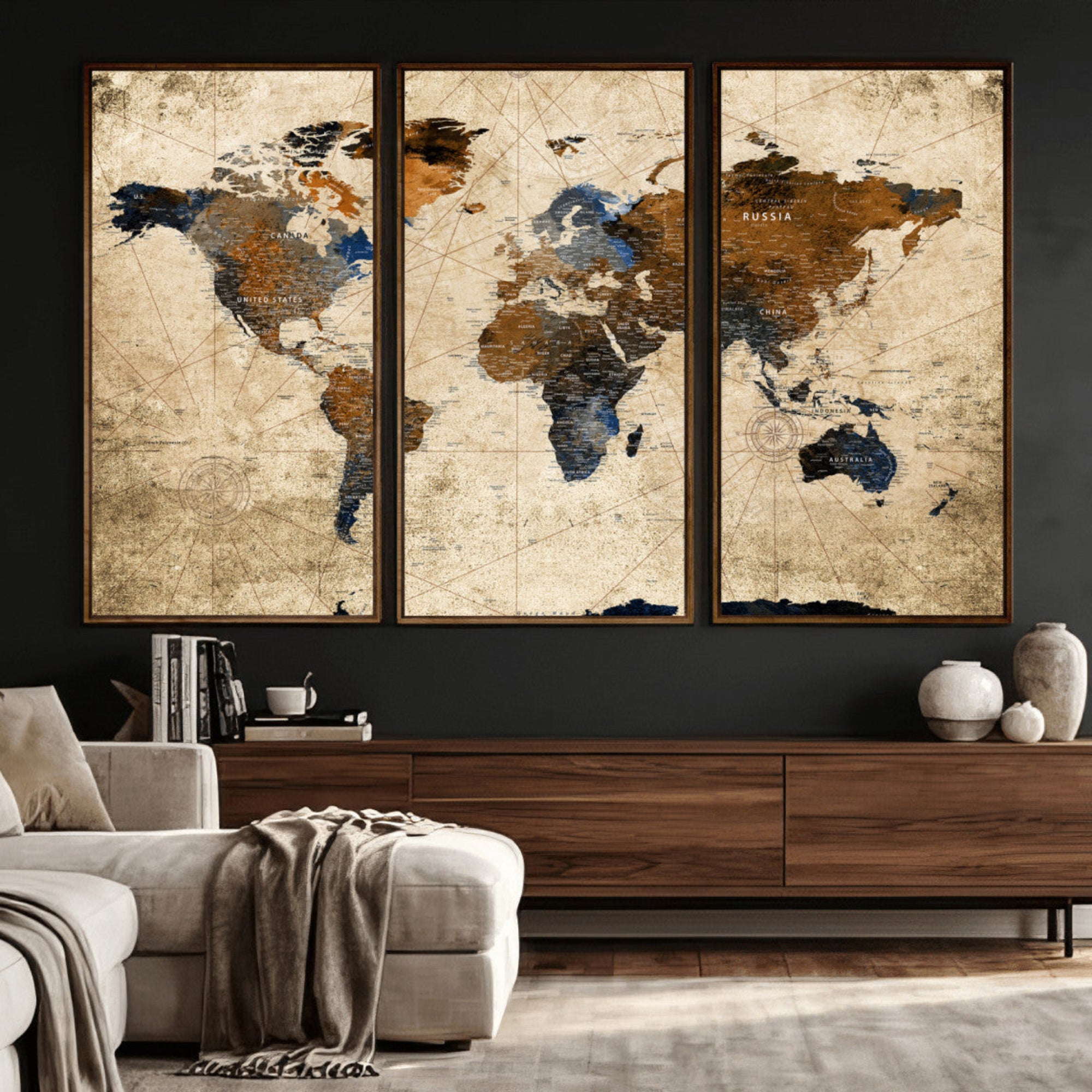 27163414-MGV-CV-36X24 - World Map Wall Art – Rustic Earth Tone Canvas Print, Antique Travel Map Design for Living Room, Office or Study, Classic Adventure Decor