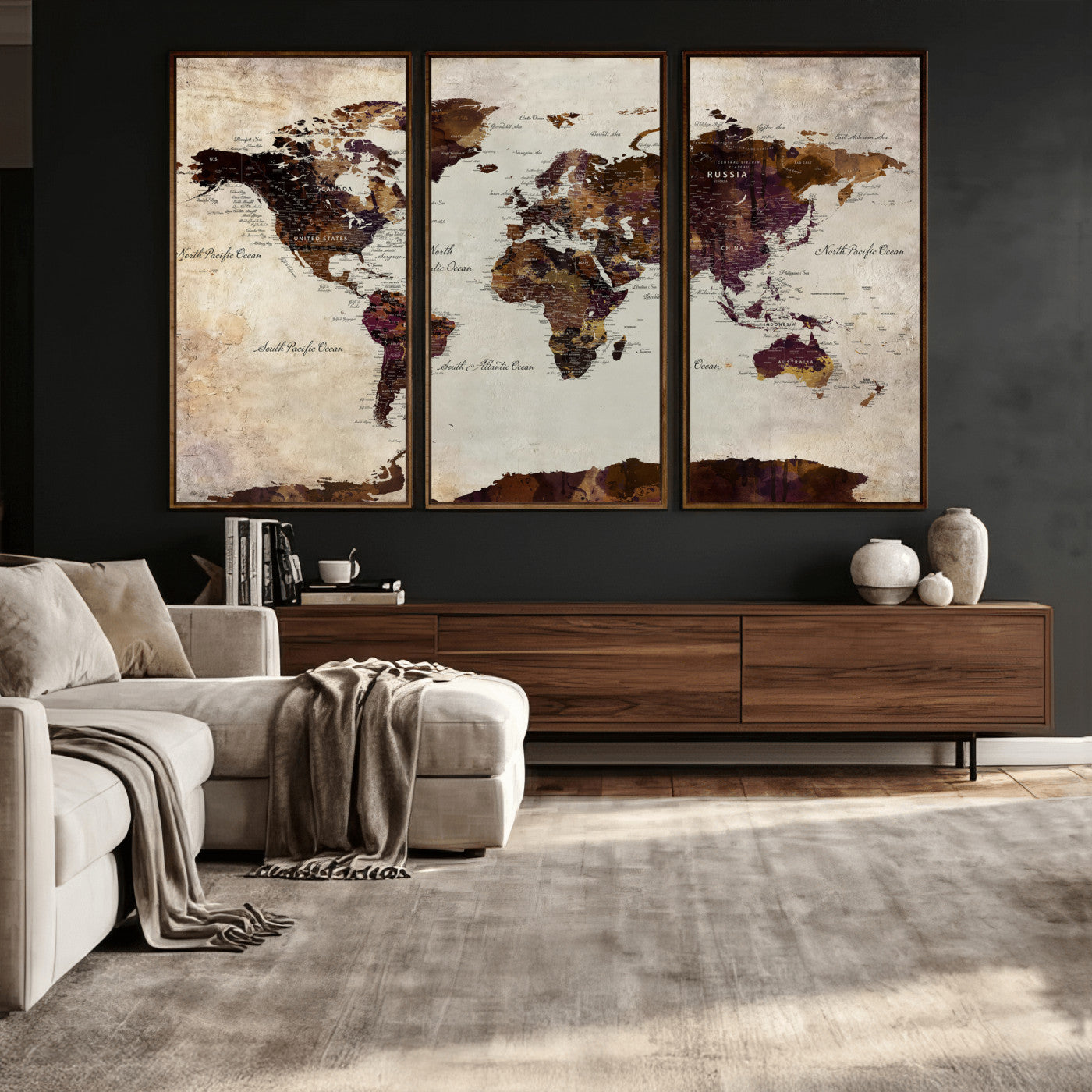 50611123-MGV-CV-36X24 - World Map Canvas Triptych – Colorful Global Wall Art for Living Rooms, Offices, and Study Spaces