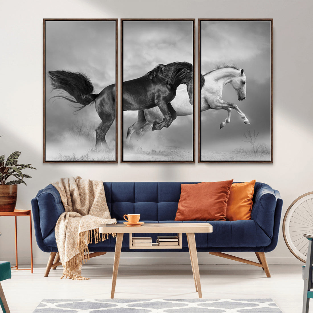 Wild Horses Wall Art Canvas Print, Framed Black and White Galloping Horses
