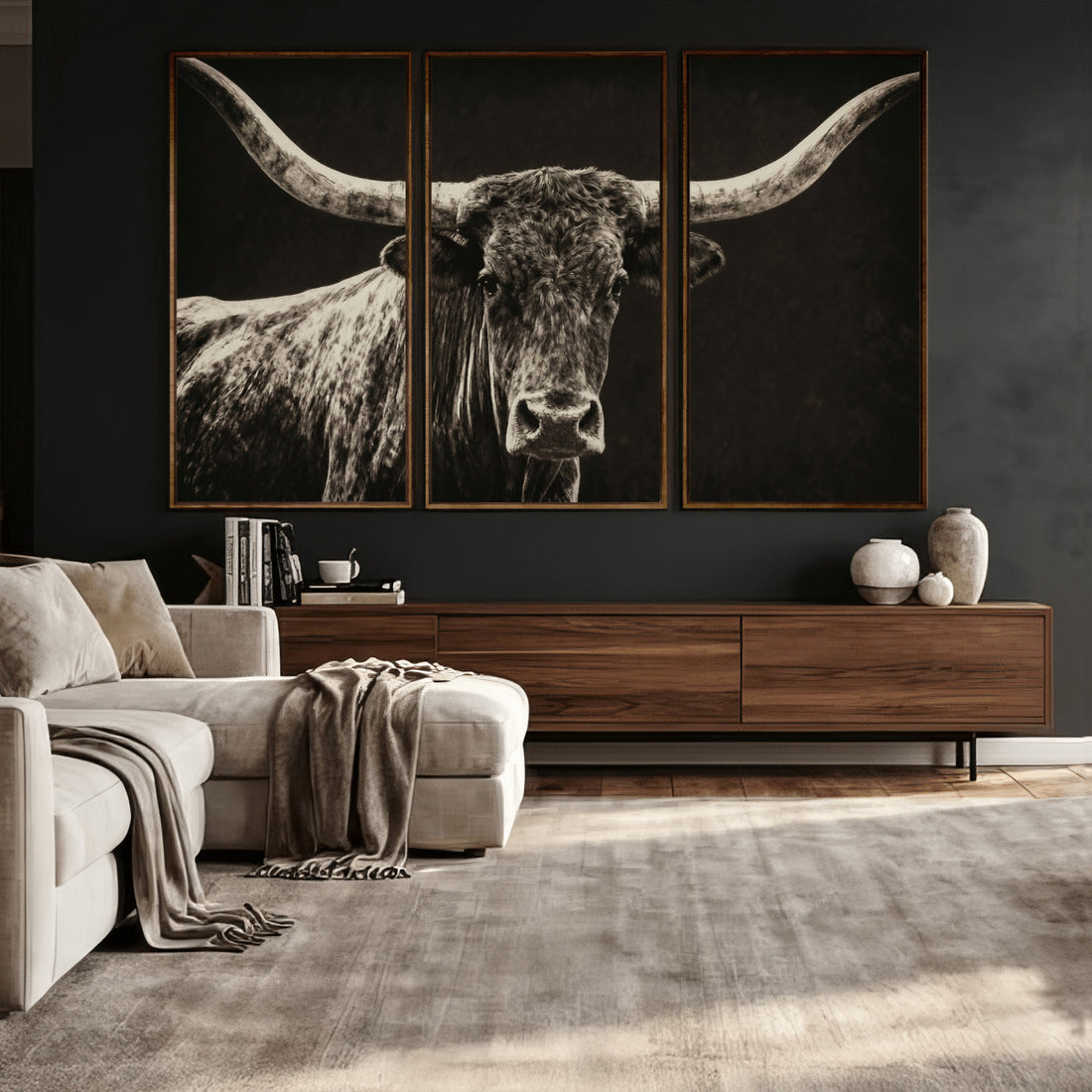 Vintage Texas Longhorn Bull Wall Art Canvas Print, Cow Portrait, Framed and Ready to Hang