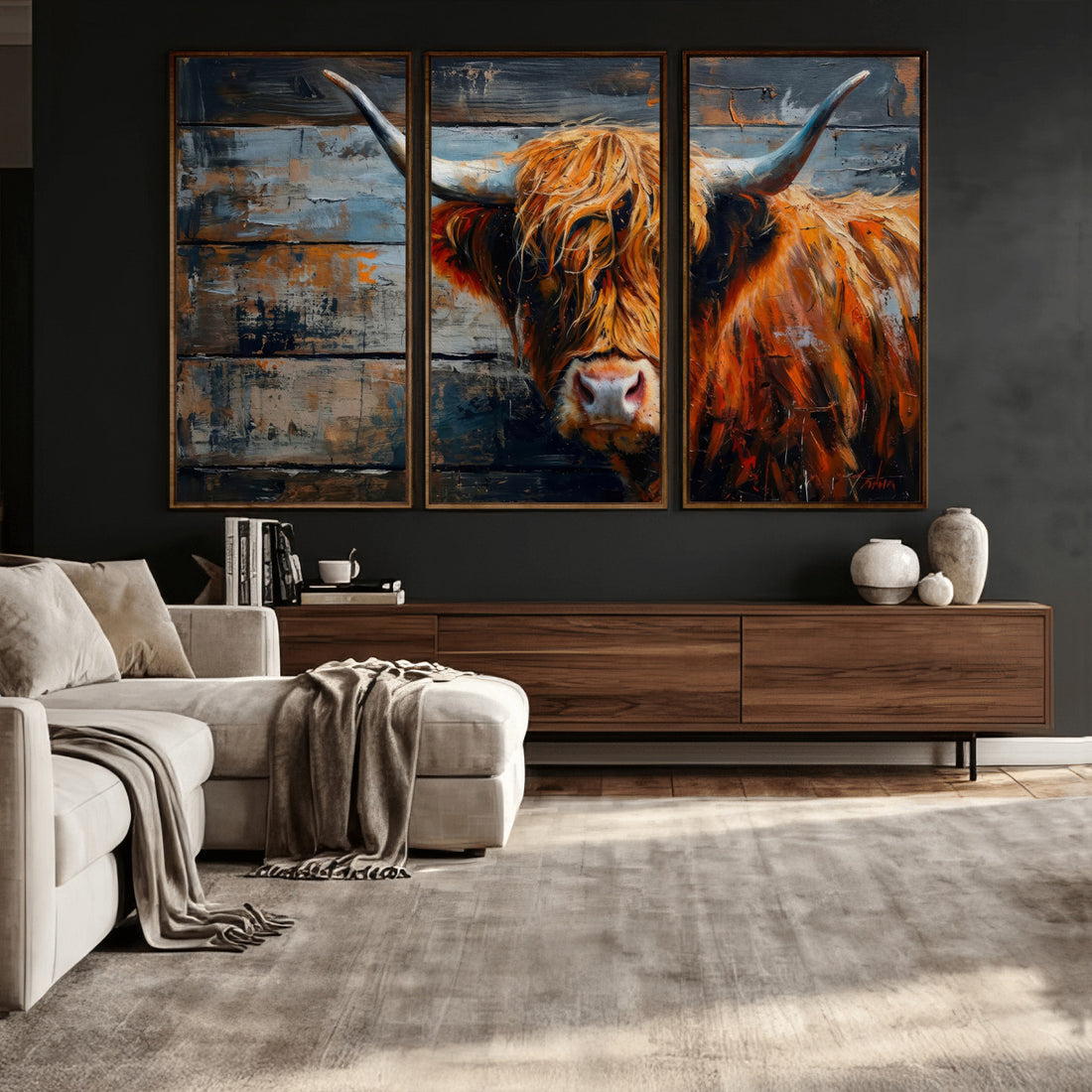 Highland Cow Wall Art Canvas Print, Abstract Rustic Farm Animal
