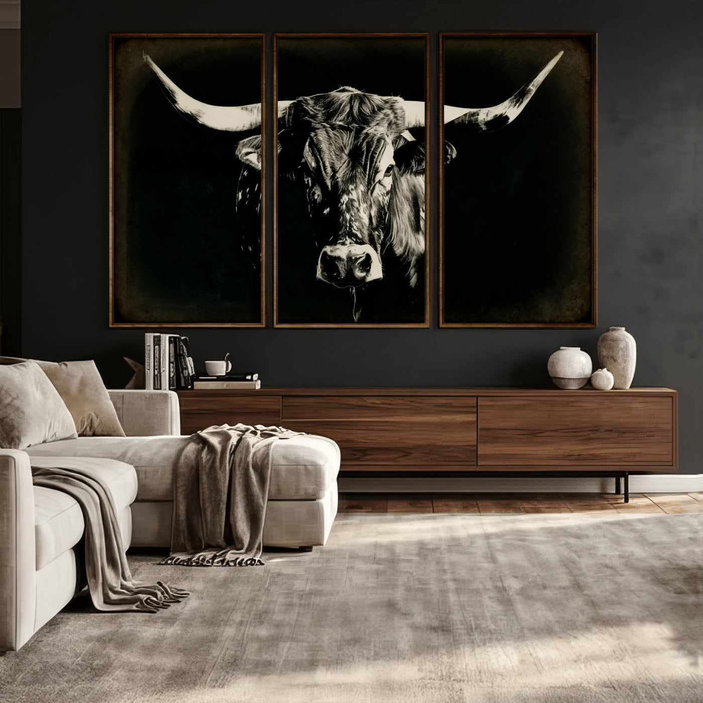 91364114-MGV-CV-36X24 - Black Bull Wall Art Canvas Print, Texas Longhorn Portrait Print, Framed Wall Art Ready to Hang