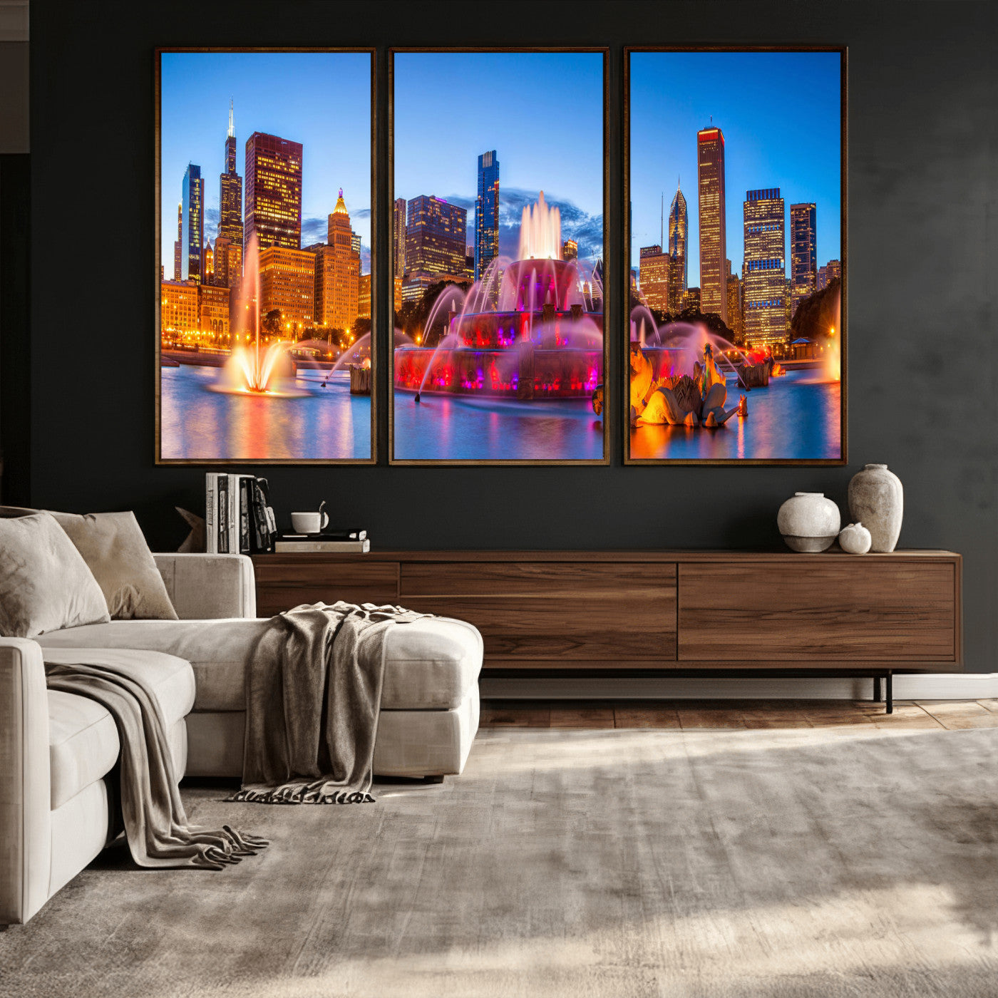 20251989-MGV-CV-36X24 - Chicago Wall Art Canvas Print, Chicago City Downtown Night Cityscape Print for Modern Urban Wall Decor