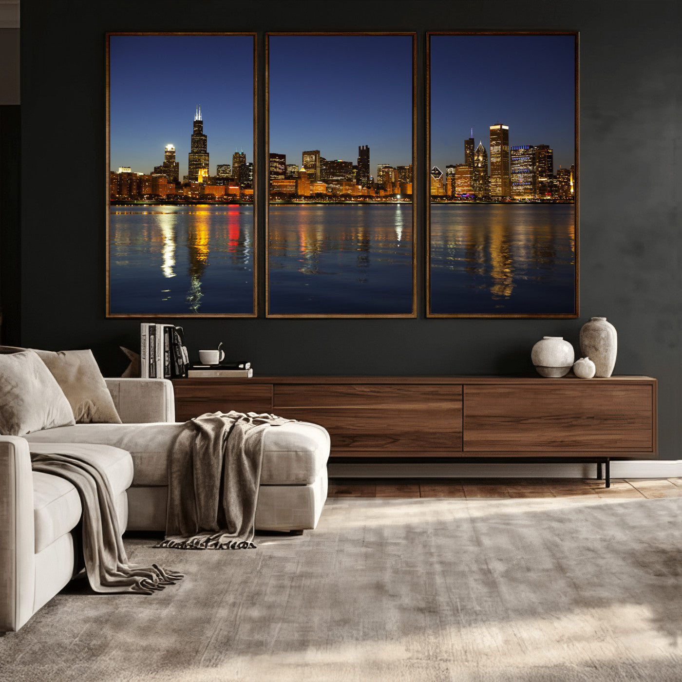 67308035-MGV-CV-36X24 - Chicago Wall Art Canvas Print, Chicago City Downtown Night Cityscape Print for Modern Urban Wall Decor