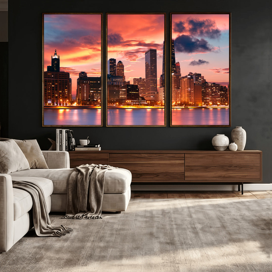 Chicago Wall Art Canvas Print - Chicago City Downtown Night Cityscape