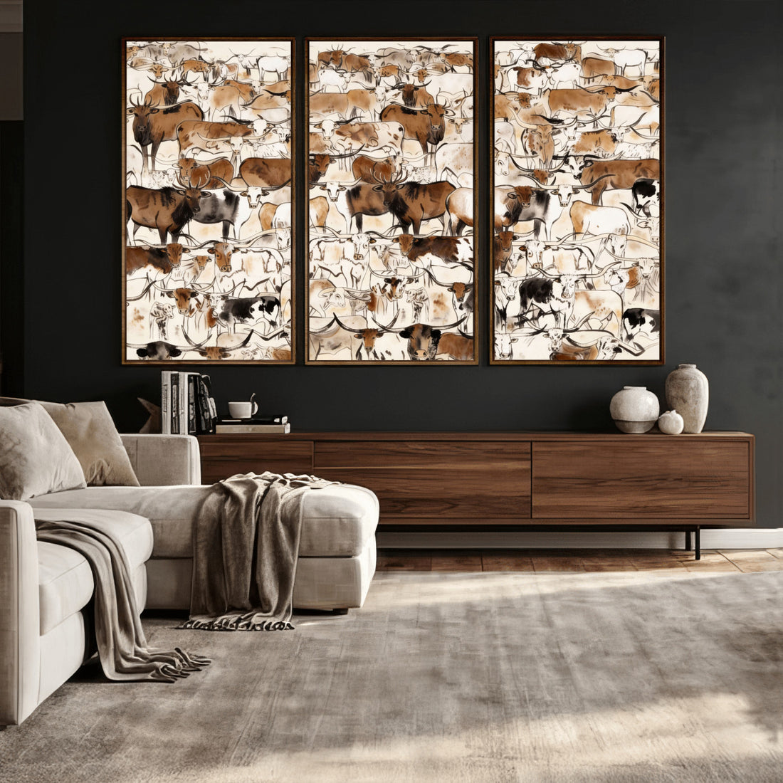 Large Longhorn Wall Art Canvas Print, Abstract Cow Animal Drawing, Mid-Century Cabin Decor