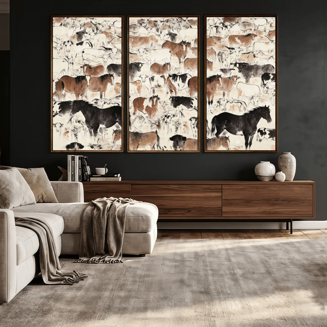 Wild Horses Wall Art Canvas Print, Abstract Farm Longhorn
