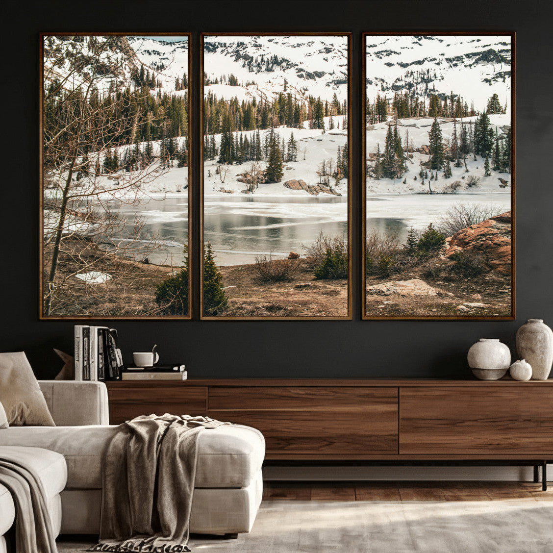 10336249-MGV-CV-36X24 - Snowy Mountain Landscape Wall Art Canvas Print, Alpine Pine Forest Winter Nature Wall Decor for Living Room and Office