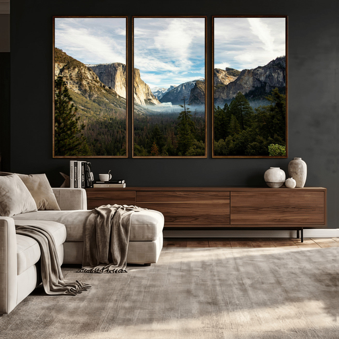 15089394-MGV-CV-36X24 - Yosemite Valley Mountain Landscape Wall Art Canvas Print, Granite Cliff Forest Valley Canvas Print, California National Park Scenic Art Printing