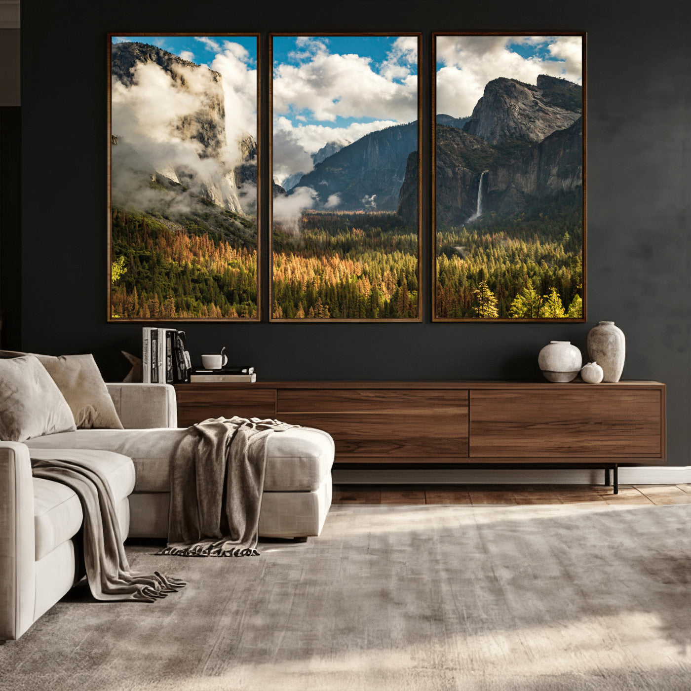 18271001-MGV-CV-36X24 - Yosemite Valley River Landscape Wall Art Canvas Print, Granite Cliffs Forest River Canvas Print, California National Park Moody Scenic Art Printi