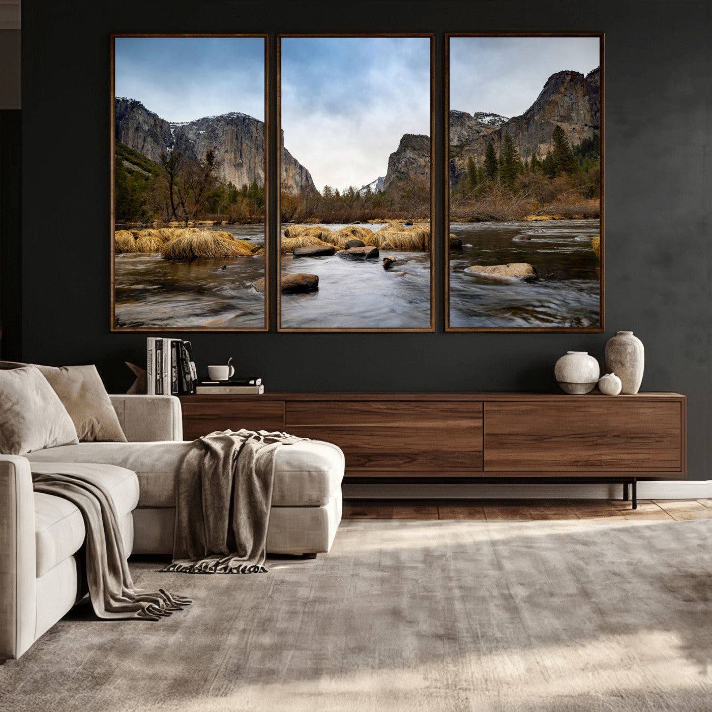 20458404-MGV-CV-36X24 - Yosemite Valley Mountain Landscape Wall Art Canvas Print, Granite Cliff Forest Valley Canvas Print, California National Park Scenic Art Printing