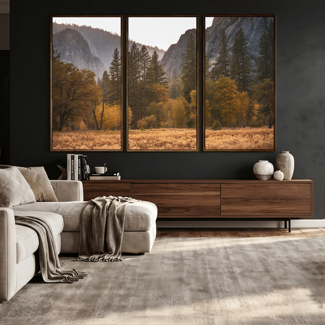 Yosemite Valley Autumn Forest Landscape Wall Art Canvas Print, Granite Mountain and Pine Trees