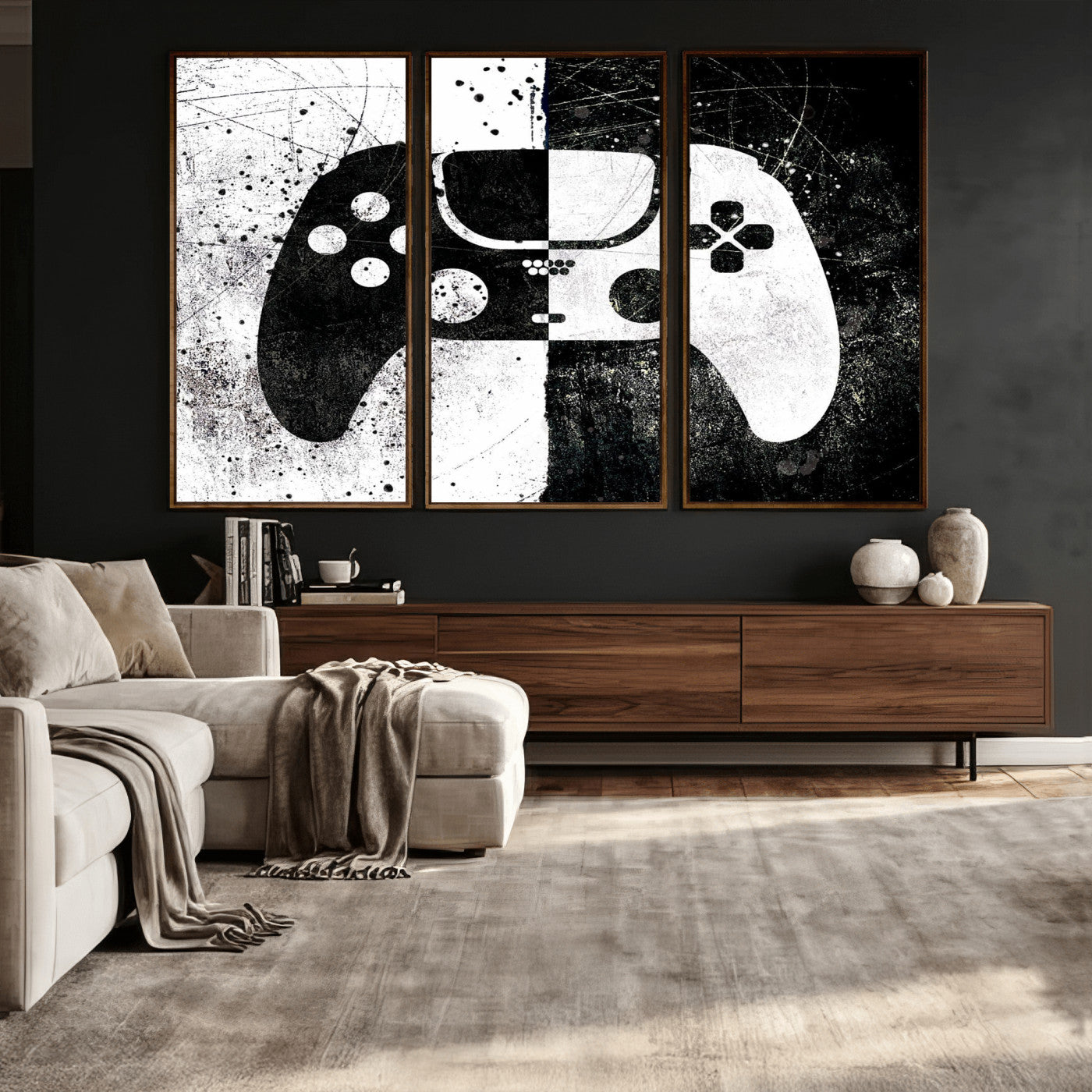 17525128-MGV-CV-36X24 - Abstract Gaming Controller Wall Art Canvas Print, Black White Video Game Controller Modern Canvas Print, Minimal Gamer Graphic Art Printing