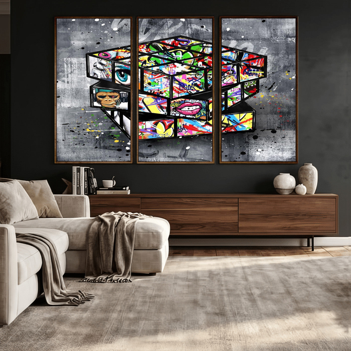46789556-MGV-CV-36X24 - Graffiti Cube Abstract Street Art Wall Art Canvas Print, Colorful Urban Pop Art Geometric Canvas Print, Modern Street Art Contemporary Art Printing