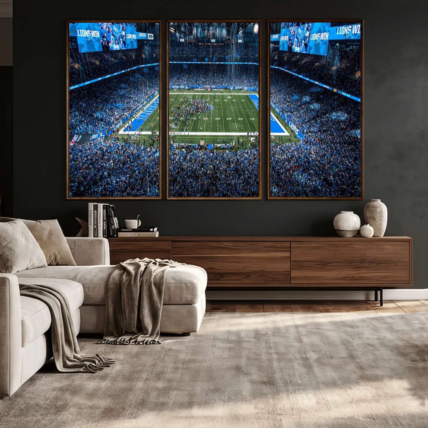 80882005-MGV-CV-36X24 - Detroit Lions Stadium Wall Art Canvas Print, Football Field Panorama Artwork, NFL Game Night Stadium Decor