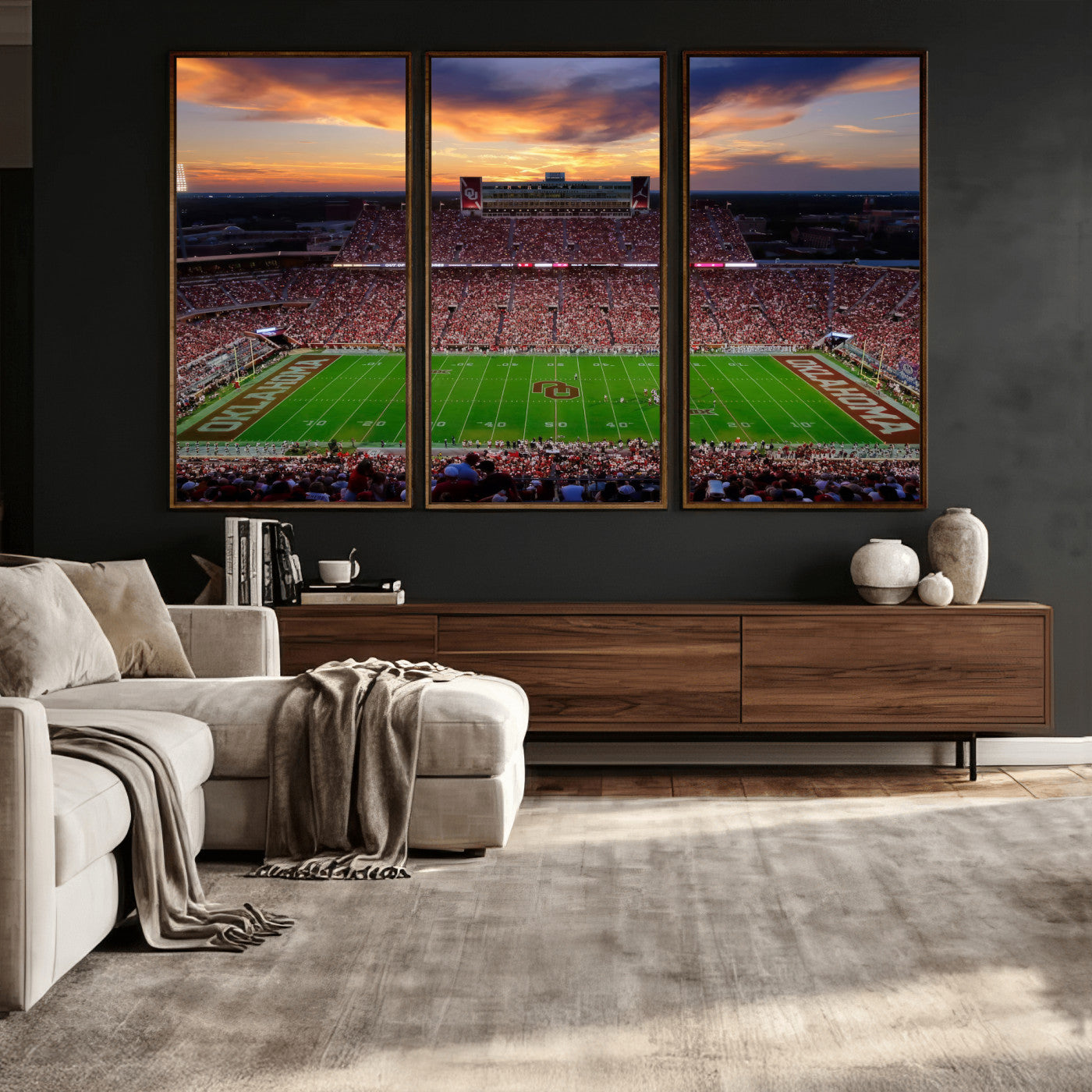 51457497-MGV-CV-36X24 - Oklahoma Sooners Stadium Wall Art Canvas Print, College Football Sunset Game Scene, OU Football Field Panorama Wall Decor
