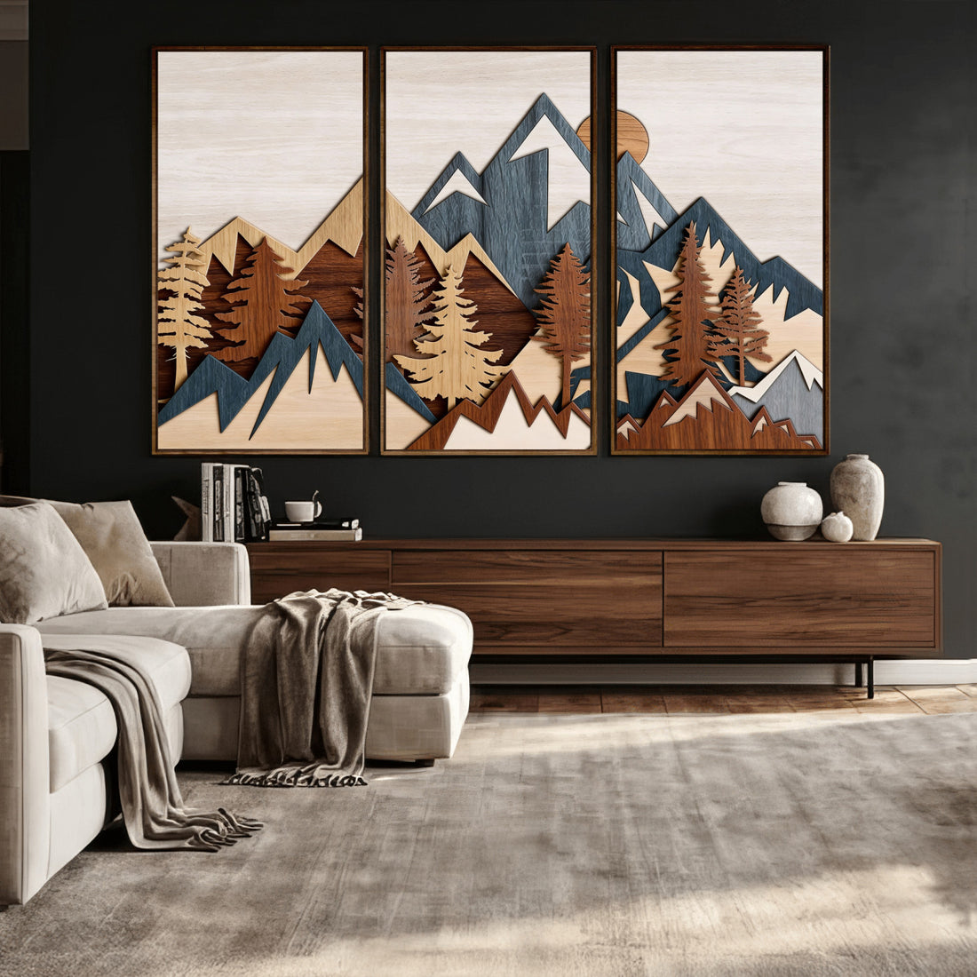 Layered Wooden Mountain Wall Art Canvas Print, Modern Rustic Forest and Pine Landscape