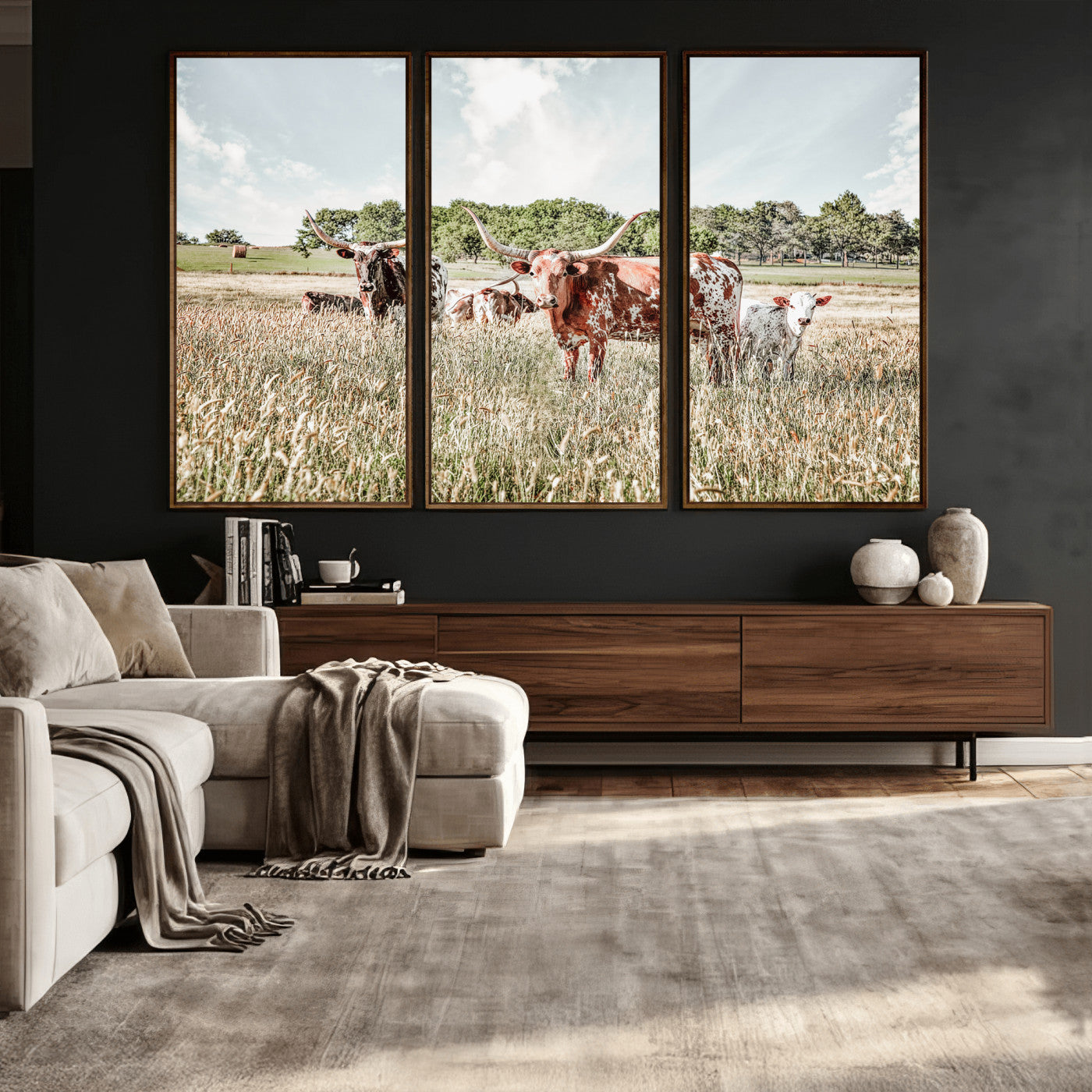21823552-MGV-CV-36X24 - Texas Longhorn Cattle Wall Art Canvas Print, Rustic Ranch Landscape Artwork, Western Farm Field Scene, Country Prairie Animal Canvas Wall Art