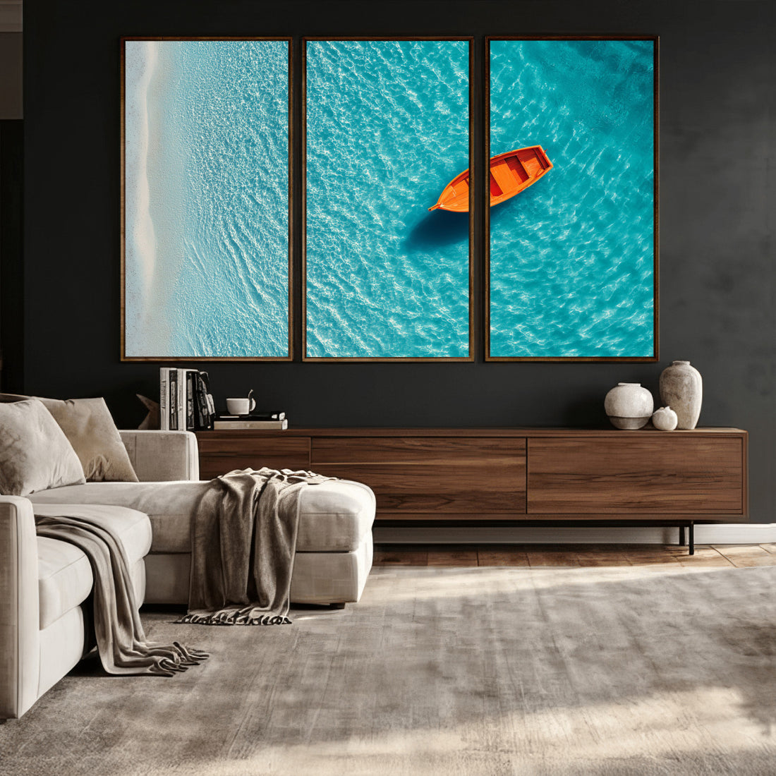 Minimalist Boat Wall Art Canvas Print, Aerial Sea Landscape