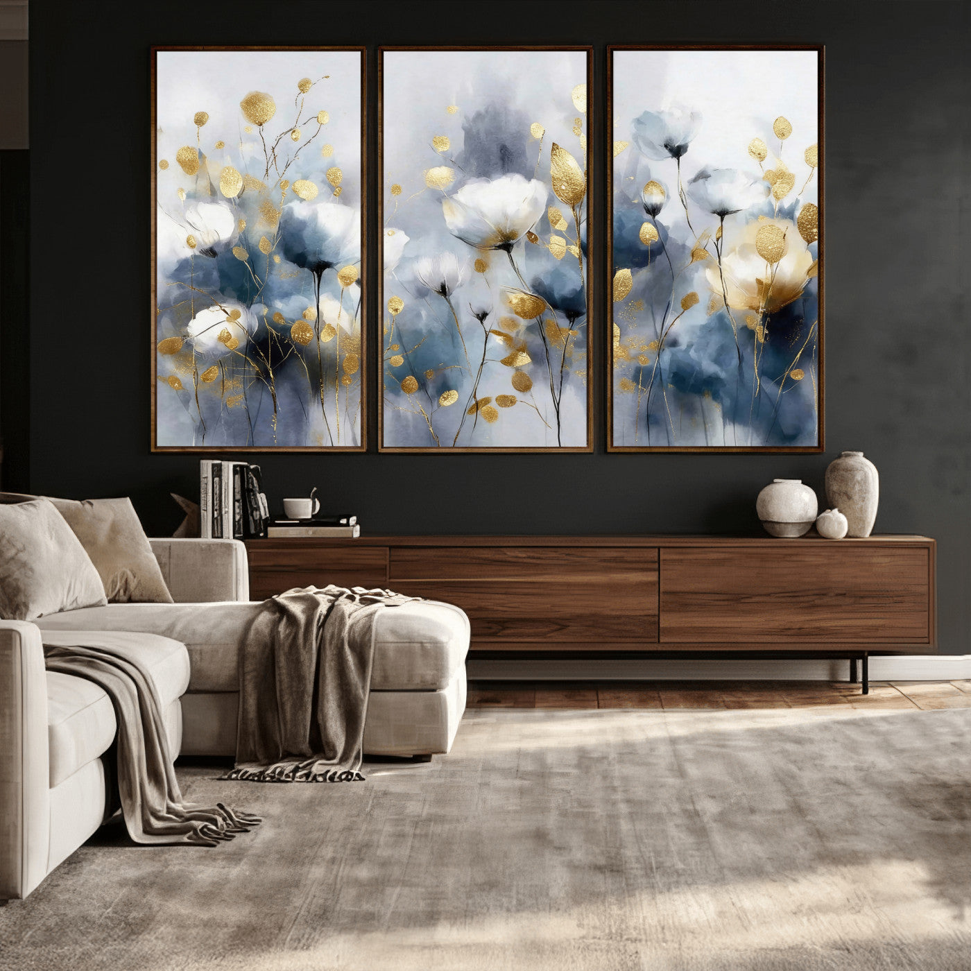 84358857-MGV-CV-36X24 - Large Abstract Flowers Wall Art Canvas Print – Gold and Blue Botanical Artwork for Living Room, Bedroom, and Office Decor