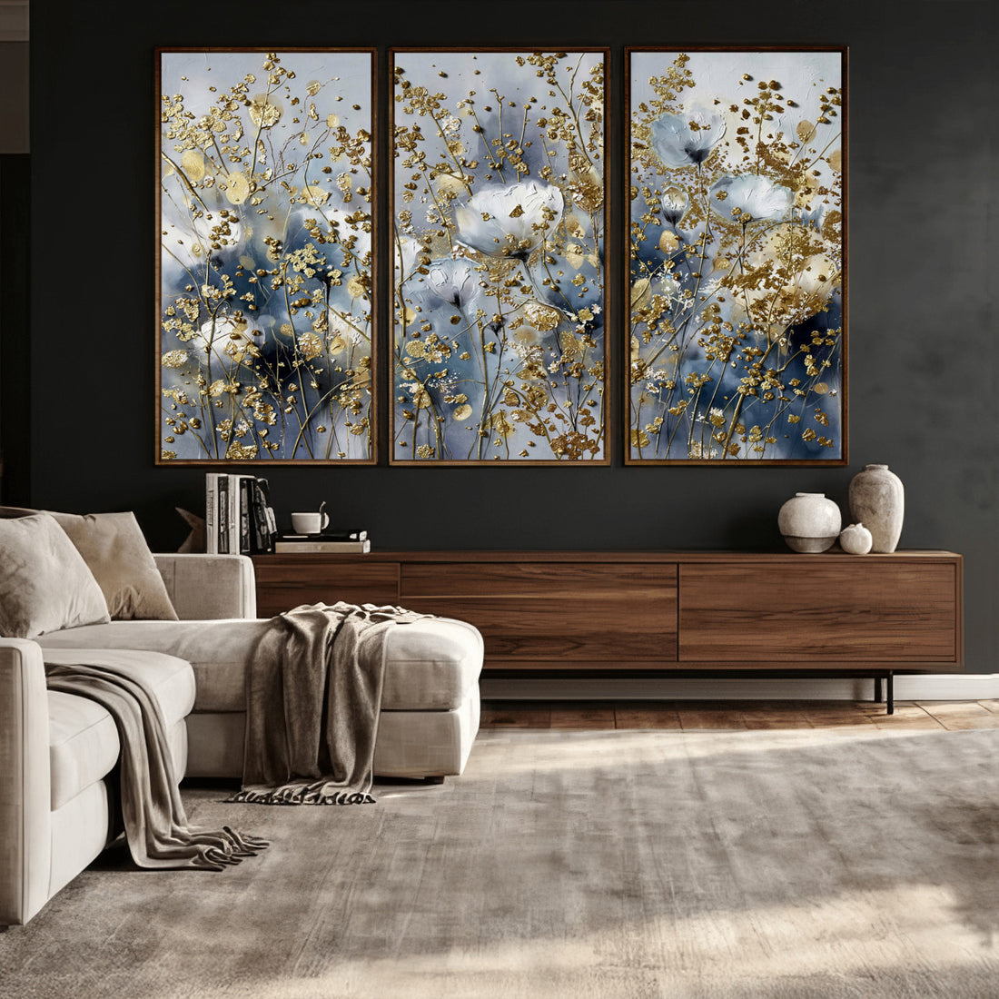 Abstract Floral Wall Art Canvas Print | Gold and Blue Botanical Artwork