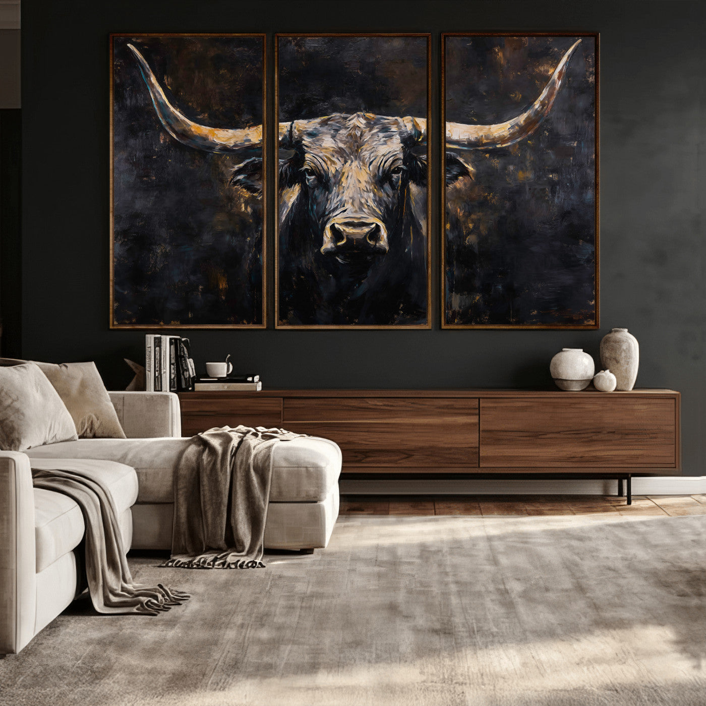 17622011-MGV-CV-36X24 - Abstract Longhorn Bull Wall Art Canvas Print – Dark Rustic Western Cattle Artwork for Farmhouse, Ranch, Cabin, and Office Decor