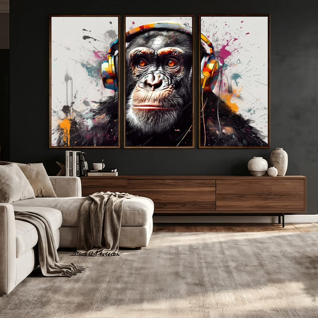 DJ Monkey Wall Art Canvas Print | Colorful Pop Art, Banksy Style Graffiti Chimpanzee