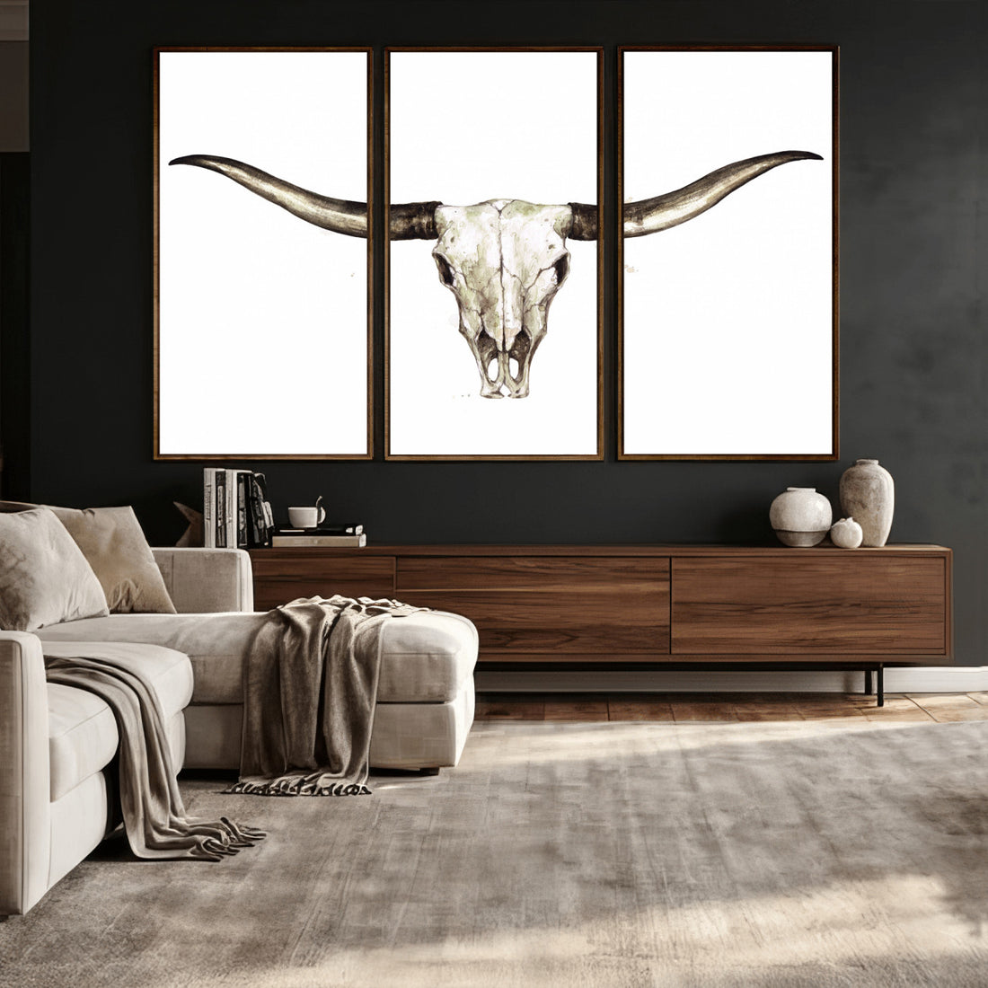 Longhorn Skull Wall Art Canvas Print, Rustic Western Decor, Framed and Ready to Hang