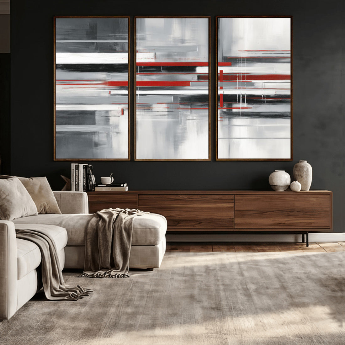 Gray Red Abstract Wall Art Canvas Print, Modern Abstract Decor for Living Room and Office