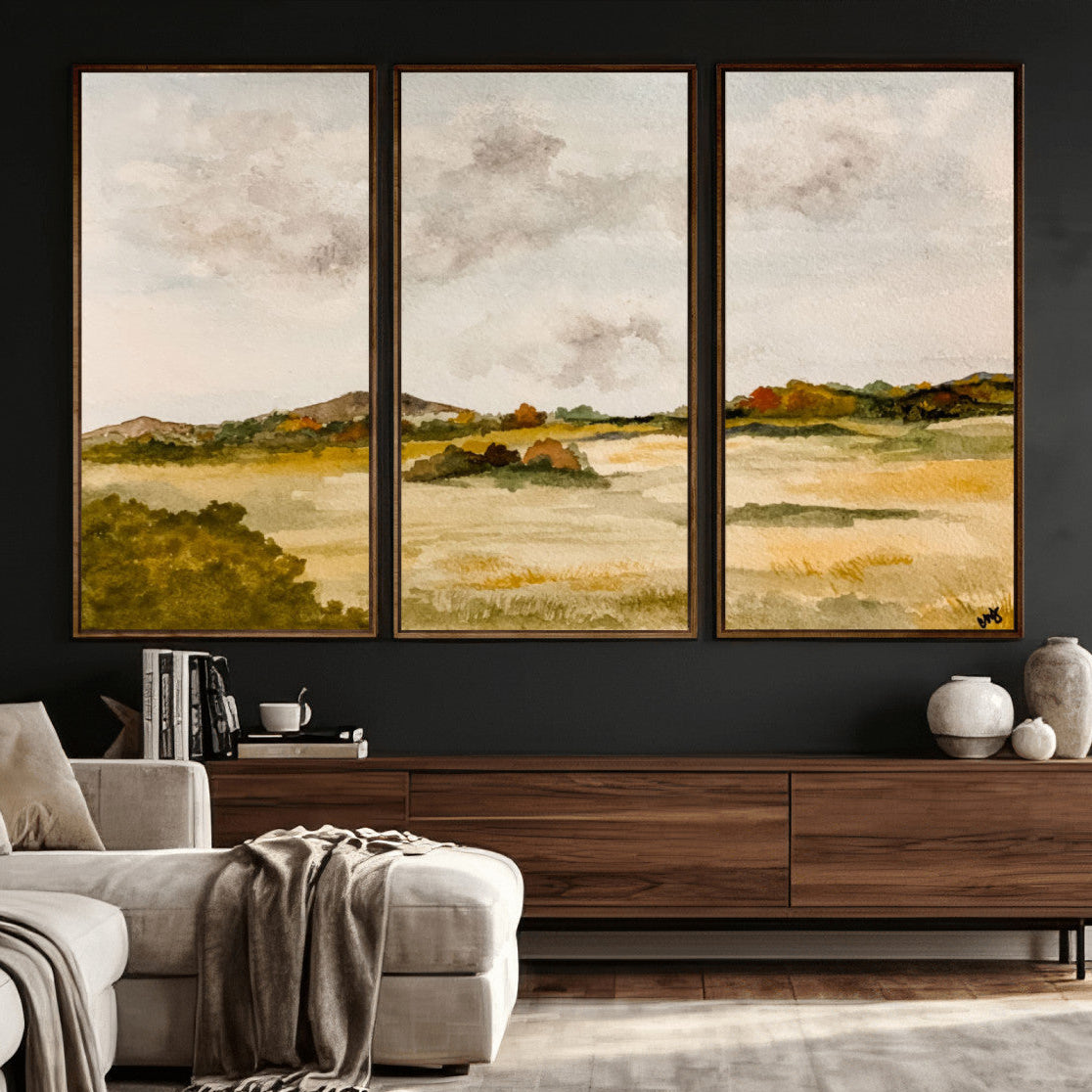 94151004-MGV-CV-36X24 - Watercolor Abstract Countryside Wall Art Canvas Print, Neutral Pastoral Landscape Painting Wall Decor for Modern Farmhouse Interiors