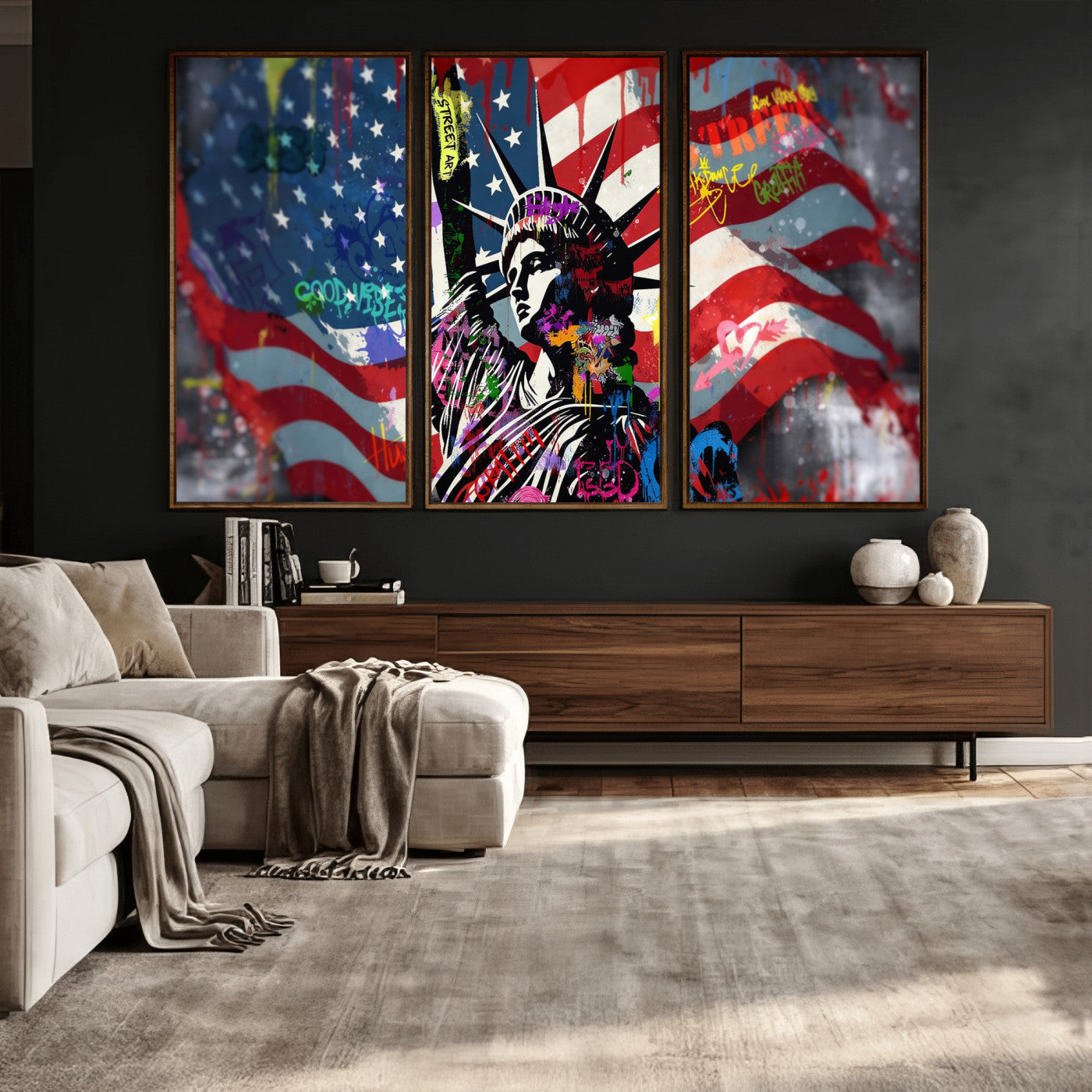 32151941-MGV-CV-36X24 - USA Statue of Liberty Graffiti Street Art Wall Art Canvas Print, American Flag Urban Pop Art Canvas Print, Modern Patriotic Street Art Contemporary Art Printing