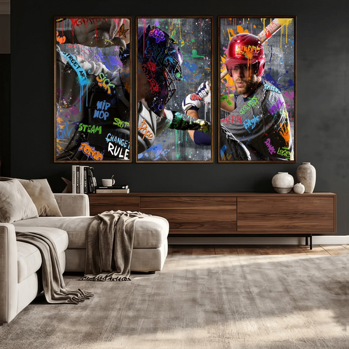 19634994-MGV-CV-36X24 - Graffiti Baseball Player Street Art Wall Art Canvas Print, Urban Sports Pop Art Baseball Canvas Print, Modern Athletic Graffiti Contemporary Art Printing