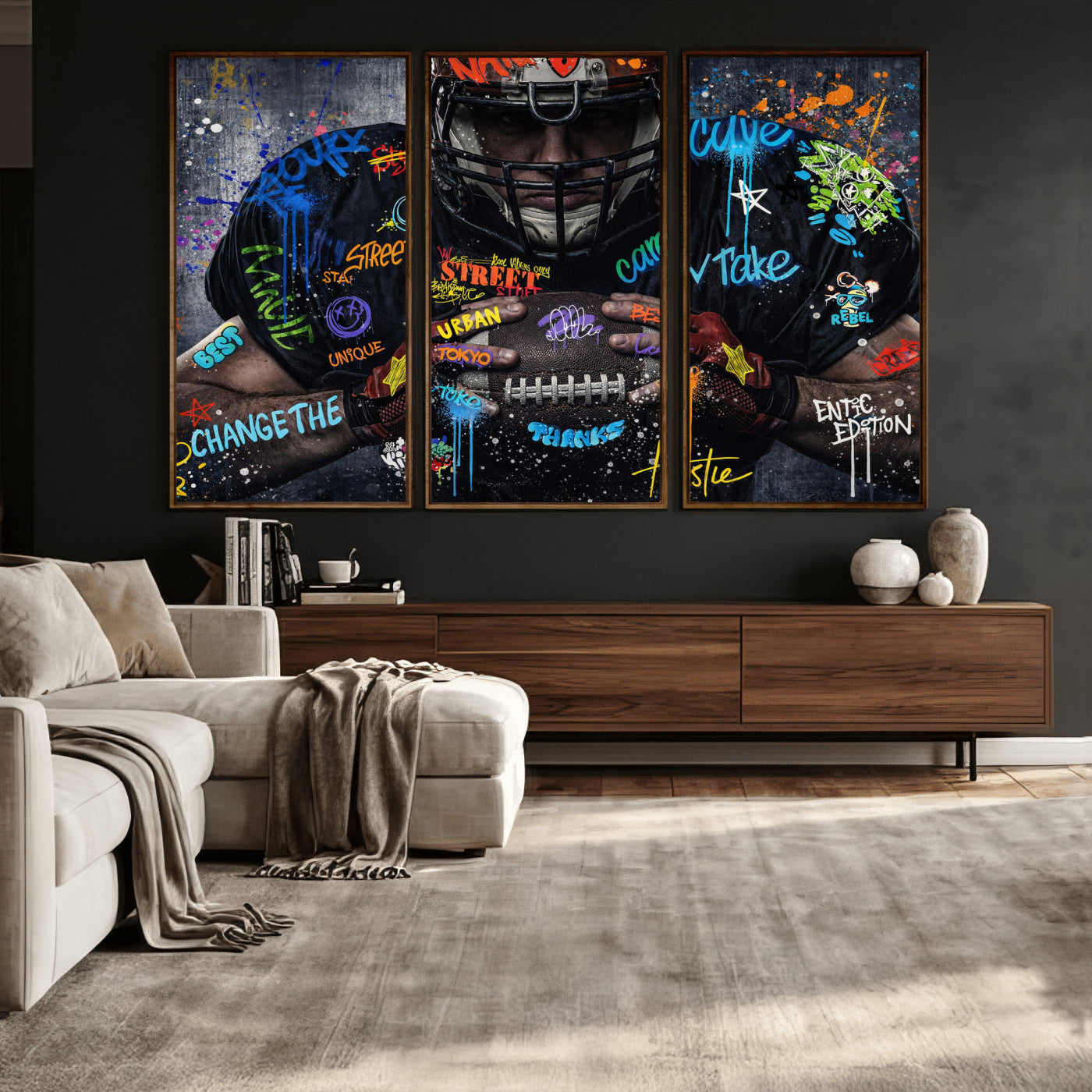 55267256-MGV-CV-36X24 - Graffiti American Football Player Street Art Wall Art Canvas Print, Urban Sports Pop Art Football Canvas Print, Modern Athletic Graffiti Contemporary Art Printing