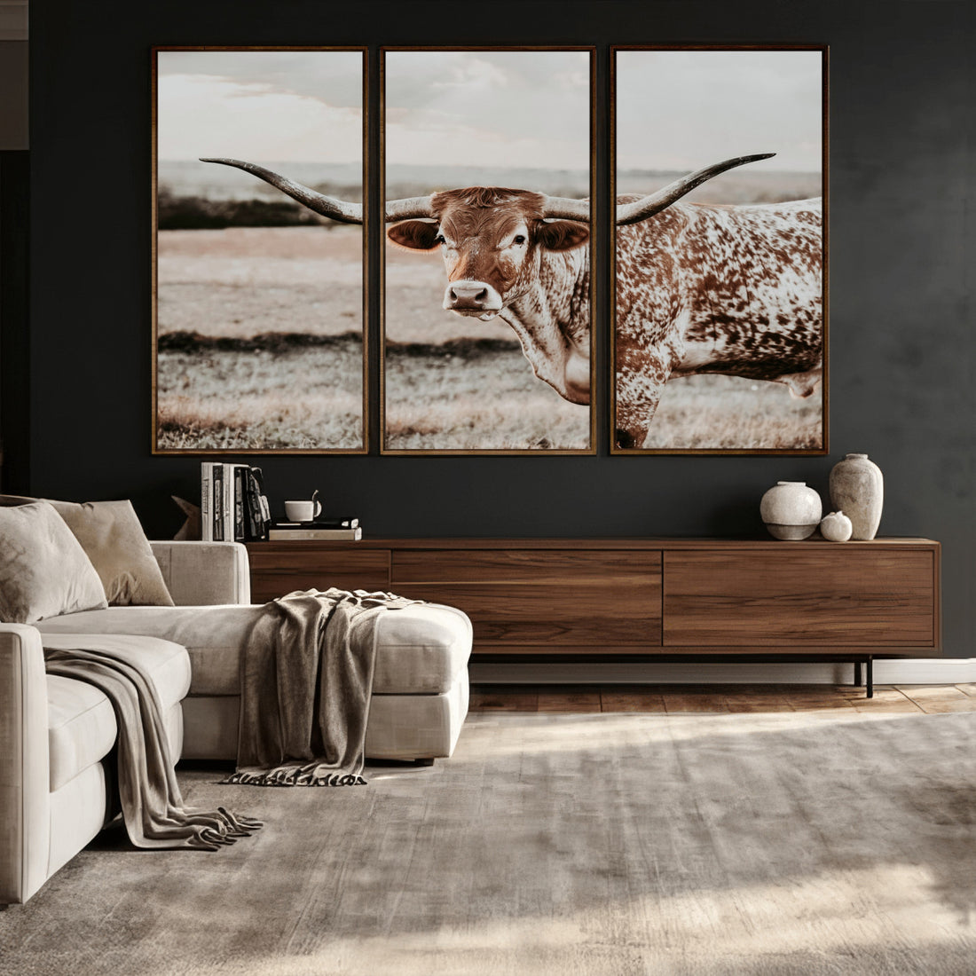 Texas Longhorn Bull Rustic Wall Art Canvas Print, Framed and Ready to Hang