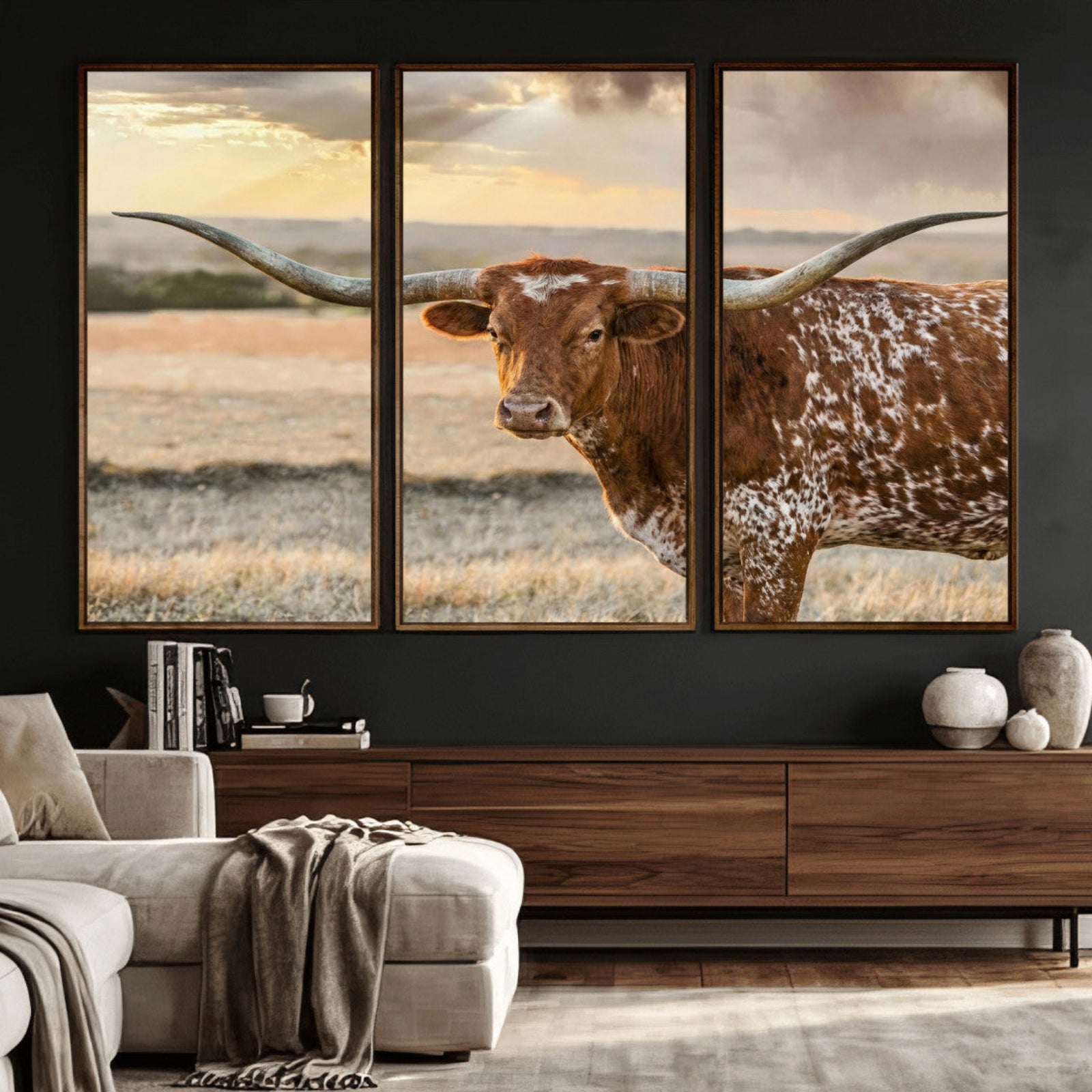 16502384-MGV-CV-36X24 - Texas Longhorn Wall Art Canvas Print, Western Ranch Bull Photography Canvas Print, Rustic Farmhouse Cattle Artwork for Living Room Decor