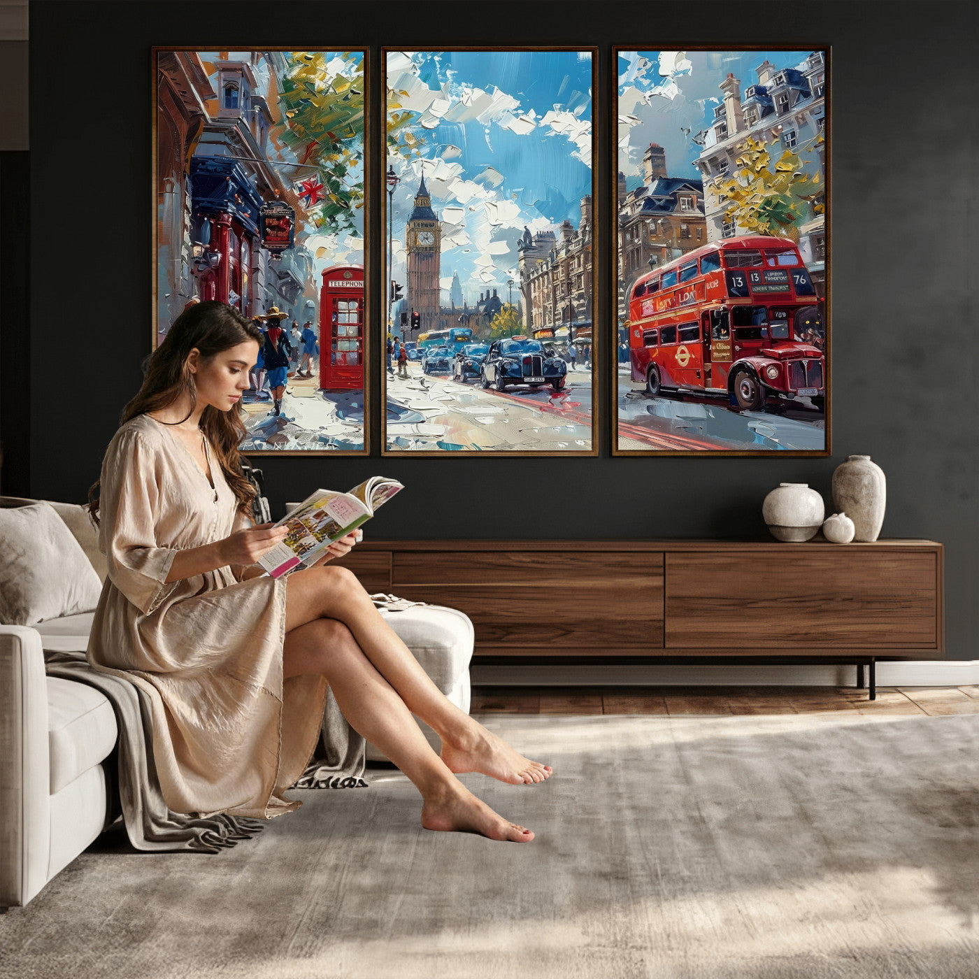 17630888-MGV-CV-36X24 - London Street Canvas Wall Art — Big Ben Red Bus Print | Oil Painting Style | UK City Wall Decor | Travel Art Gift | Living Room Print