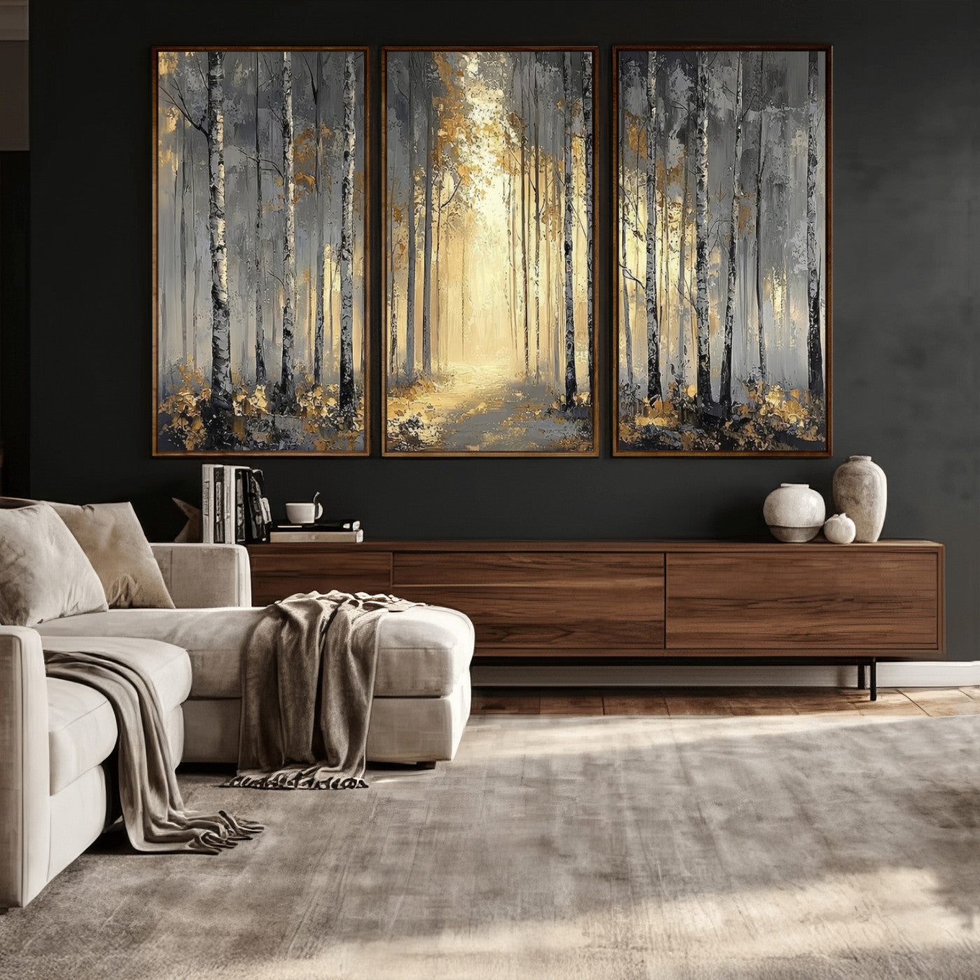 41017042-MGV-CV-36X24 - Abstract Birch Forest Wall Art Canvas Print – Modern Neutral Woodland Landscape Artwork for Living Room Decor