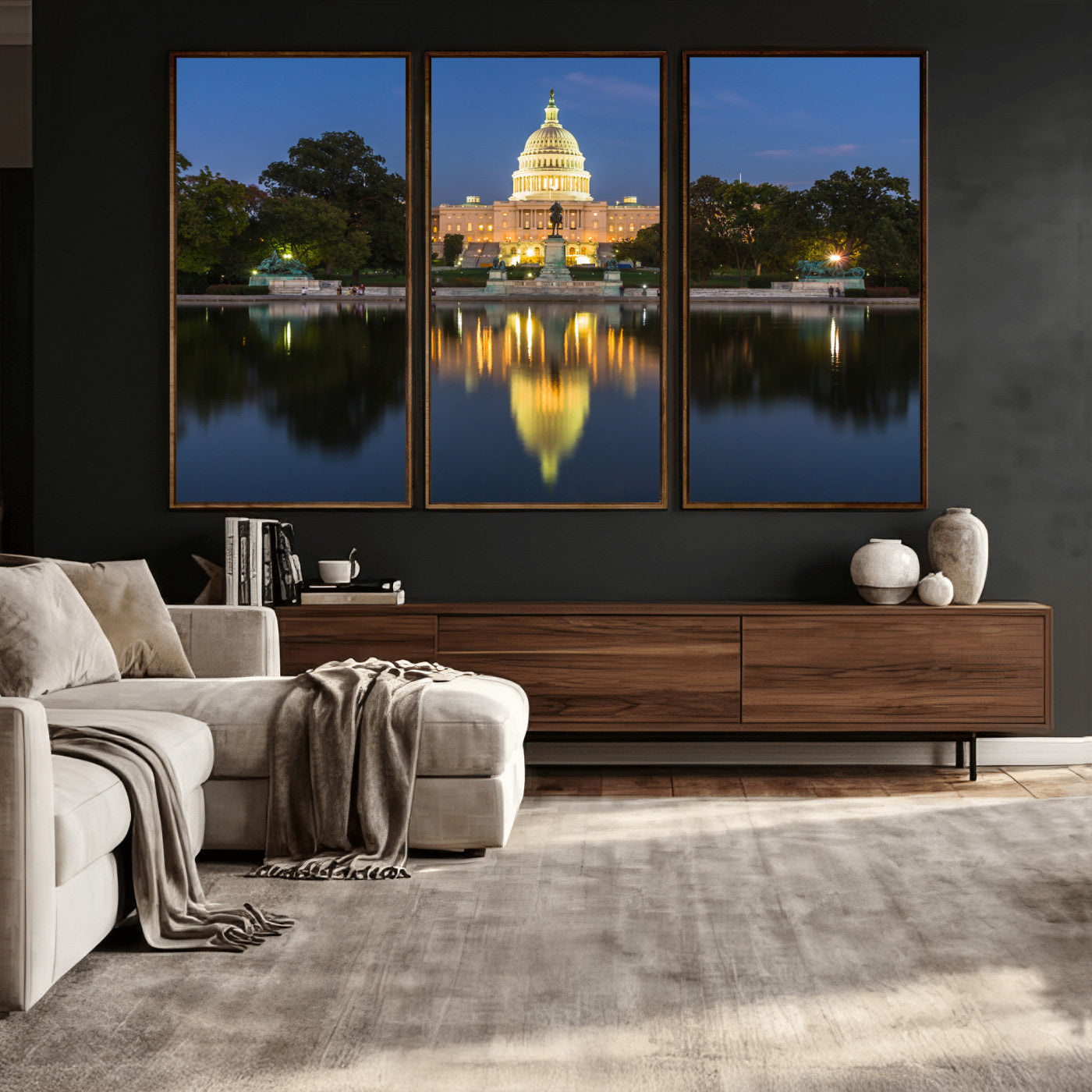 95568590-MGV-CV-36X24 - US Capitol Building Wall Art Canvas Print – Washington DC Landmark Night Reflection Artwork for Office Decor