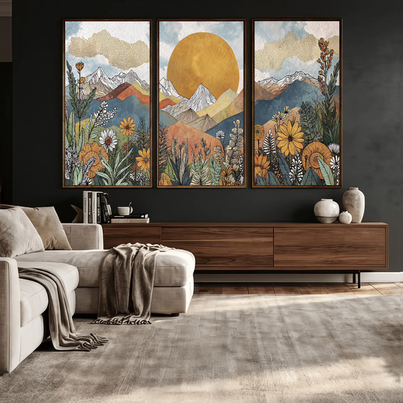 17540863-MGV-CV-36X24 - Boho Mountain Landscape Large Wall Art, Horizontal Gold Framed Canvas Print with Sun and Flowers