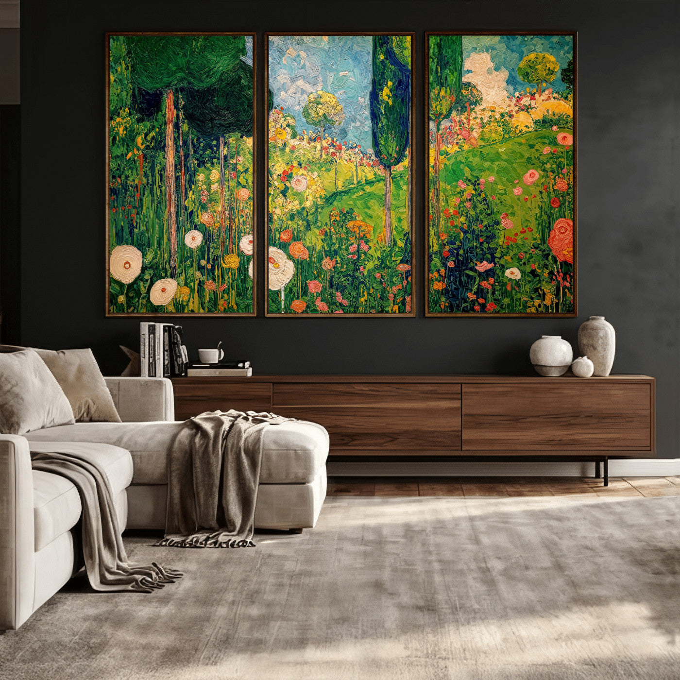 83517974-MGV-CV-36X24 - Gustav Klimt Boho Mountain Landscape Large Wall Art, Horizontal Gold Framed Canvas Print with Sun and Flowers