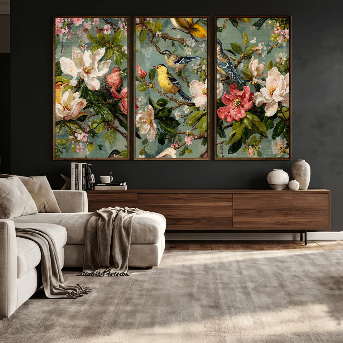 Vintage Birds and Flowers Wide Wall Art, Extra Large Panoramic Botanical Print