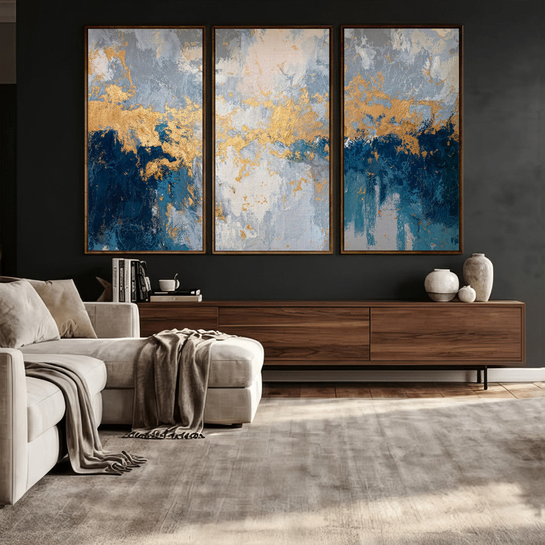 Blue Gold Abstract Large Framed Canvas Wall Art, Modern Luxury Print